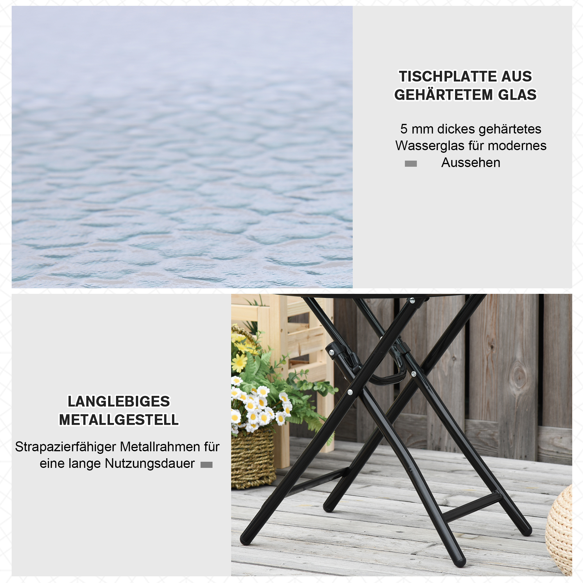 Gartentisch Beistelltisch Bistrotisch mit Glasplatte rund klappbar Metall Ø45 schwarz