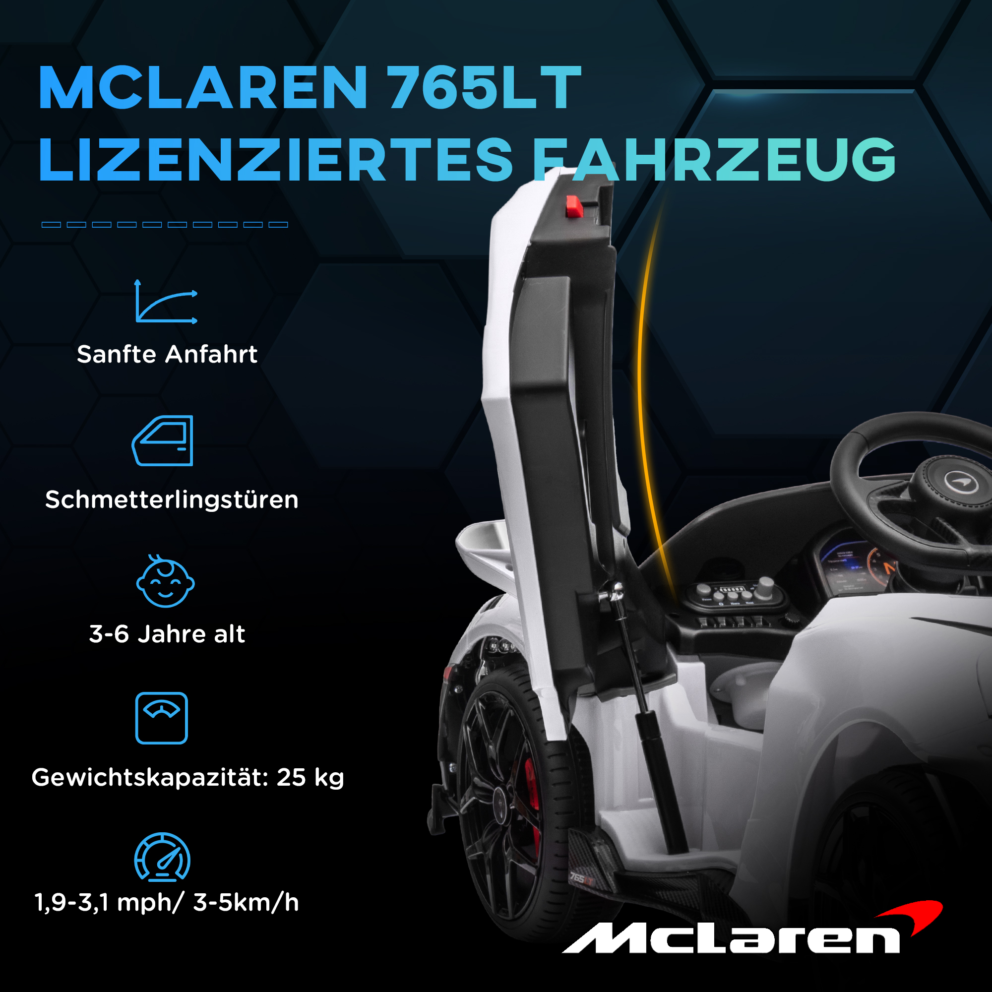 Kinder-Elektroauto mit Flügeltüren, fernsteuerbar, mit sanftem Antrieb und LED-Lichtern, Weiß