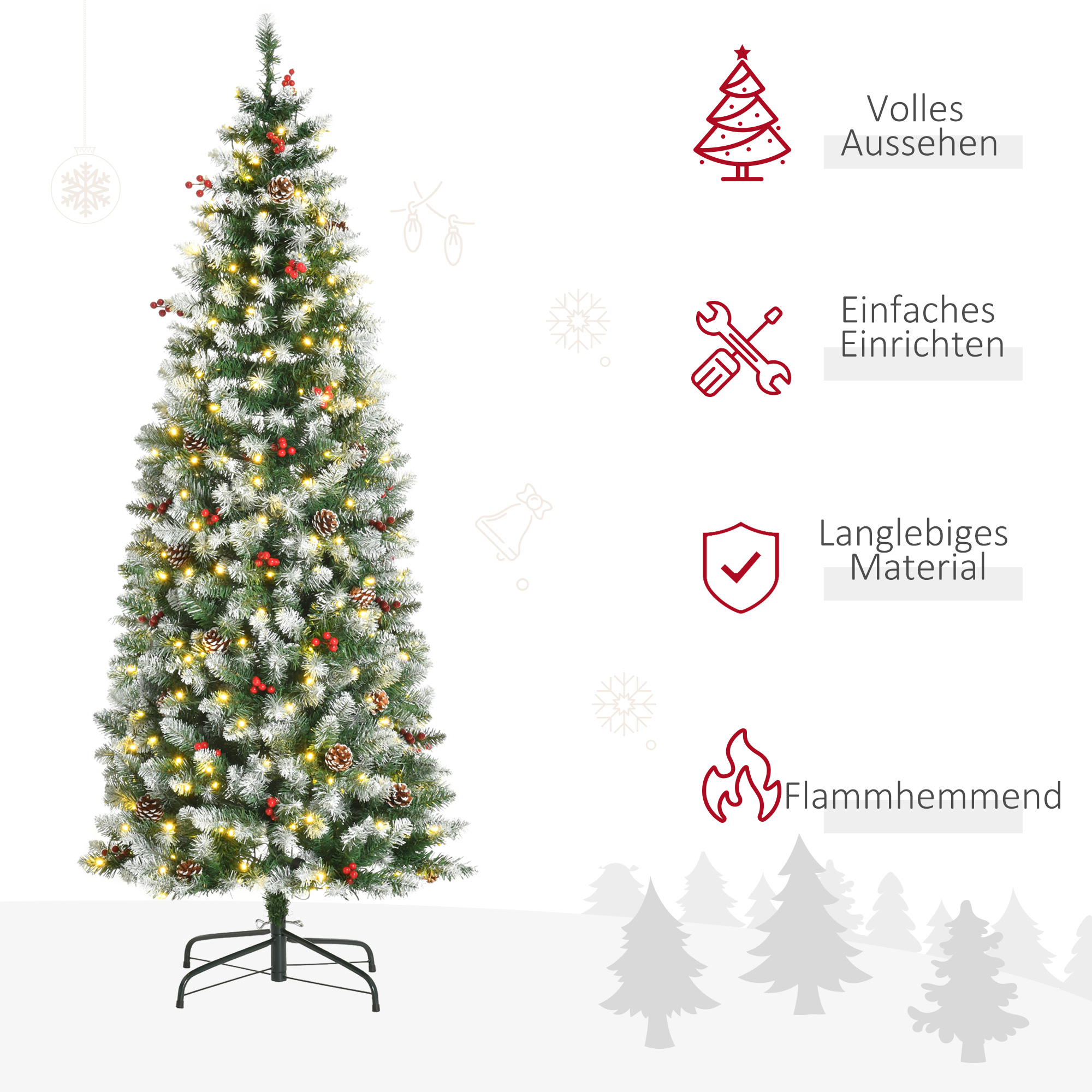 künstlicher Weihnachtsbaum 180 cm Tannenbaum künstlich mit LED Beleuchtung, Schnee, 618 Spitzen Christbaum Weihnachtsdeko inkl. Stahlständer für drinnen
