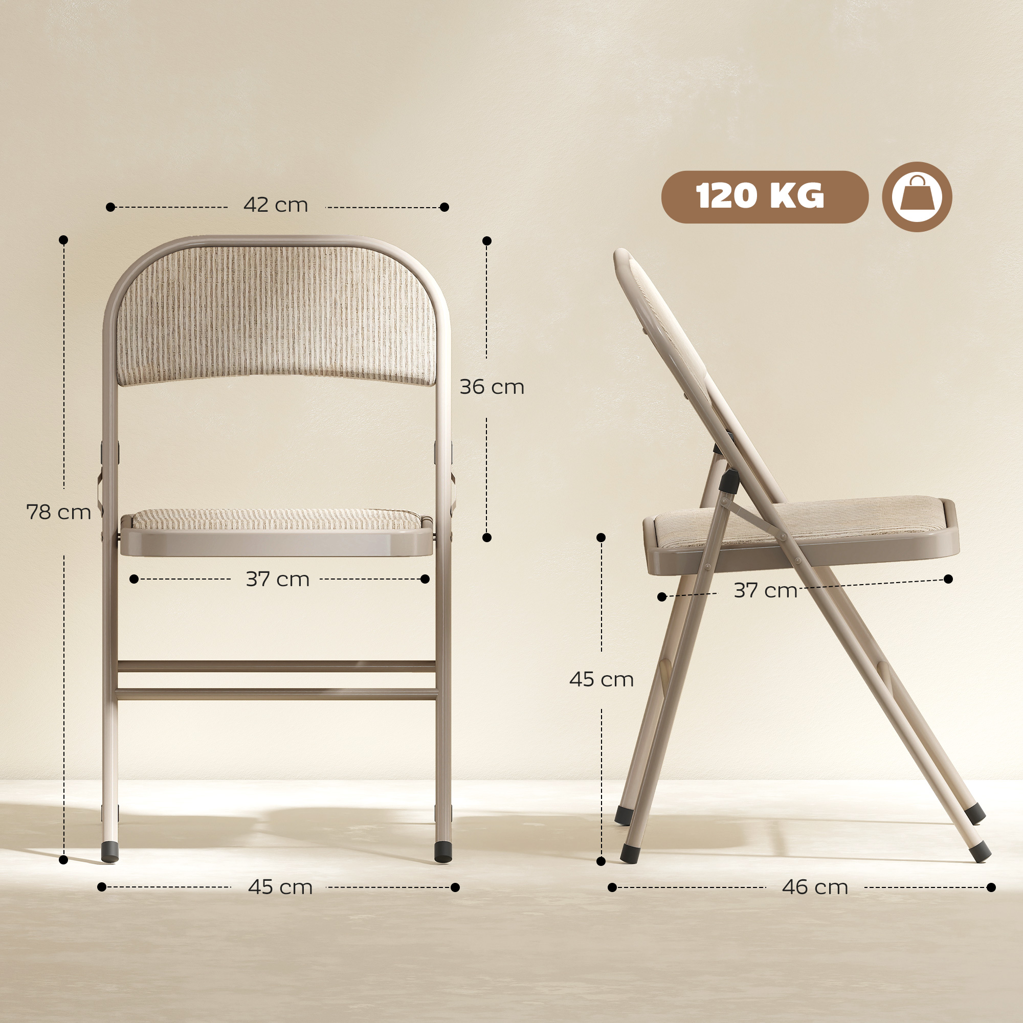 2er-Set Klappstühle, tragbare Bürostühle, Metallbeine, Faltstuhl für Büro, Empfang, Wartezimmer, Leinenoptik, Beige