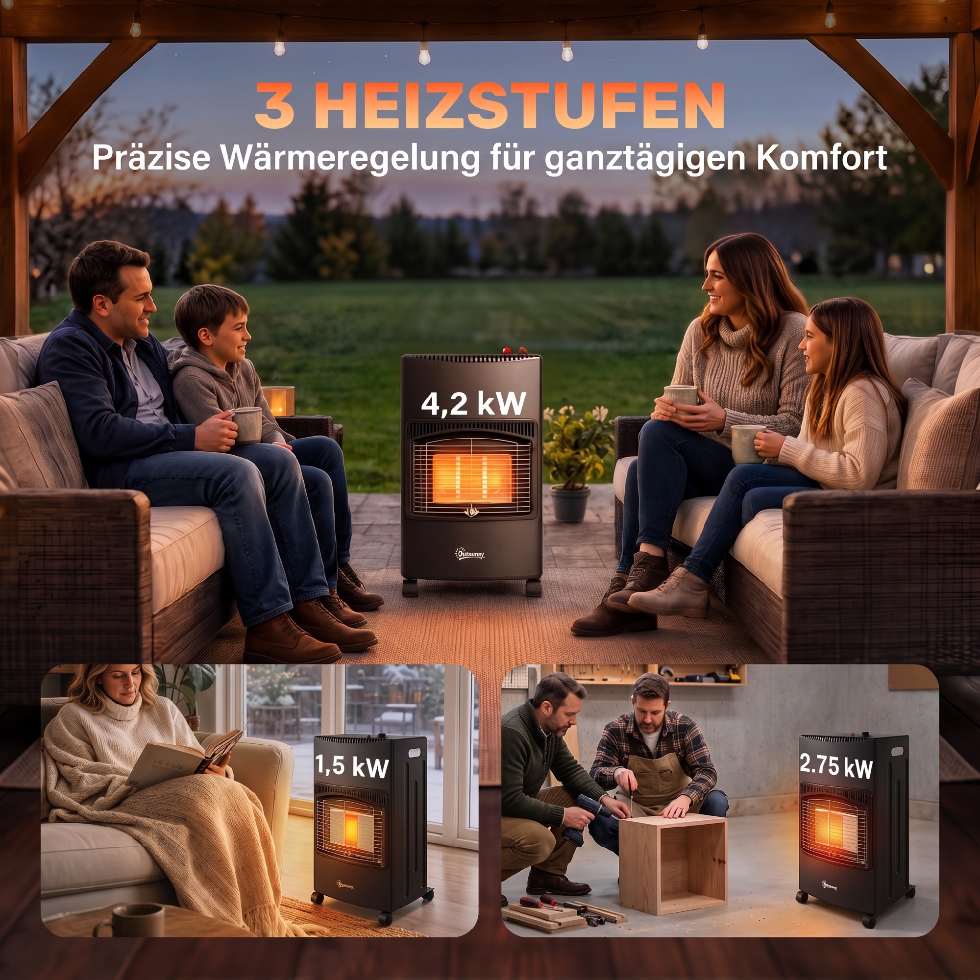 Gas Heizstrahler Outdoor 1,5-4,2 kW Klappbar Terrassenheizer mit Rollen Schutzhülle 3 Leistungsstufen Schlauch