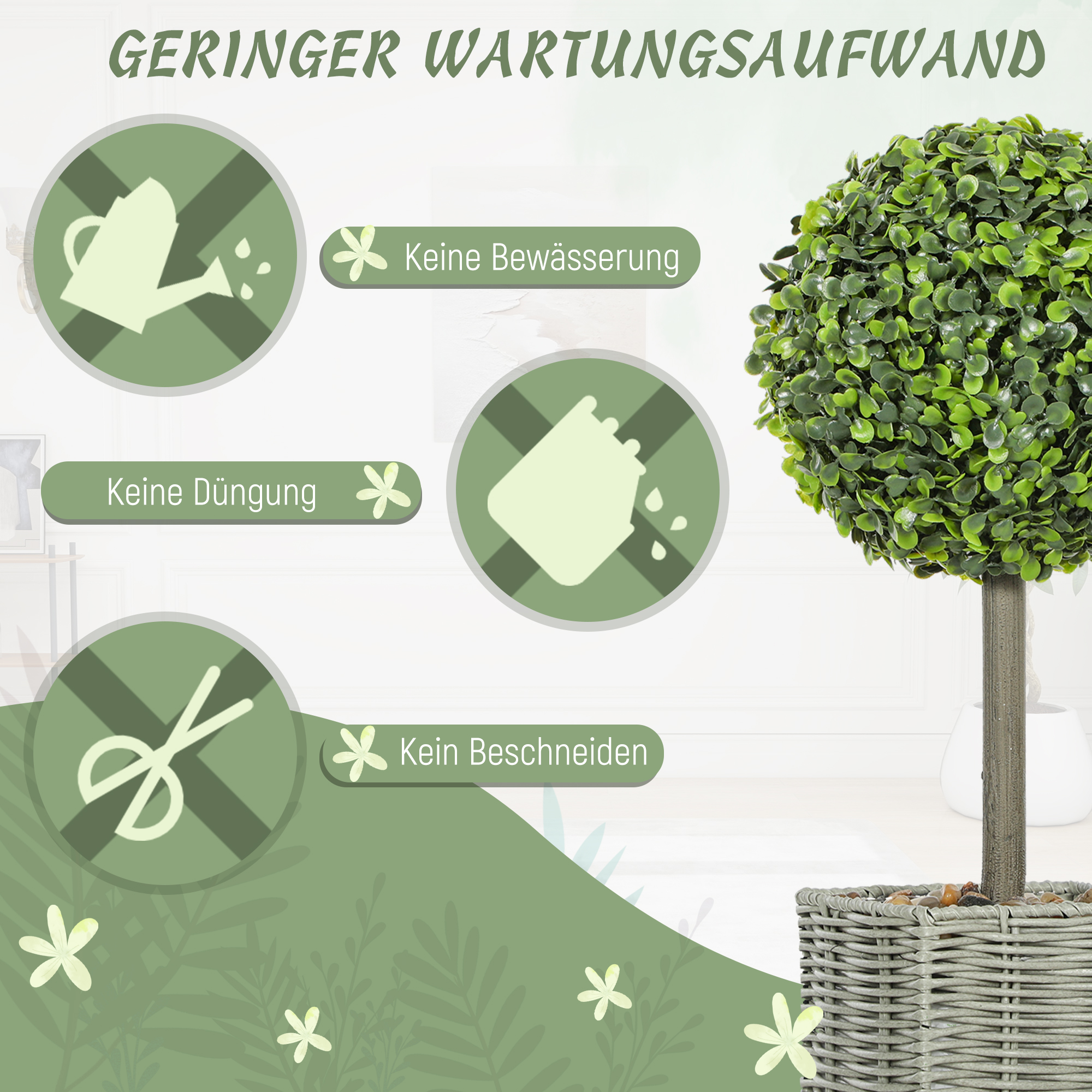 2er-Set künstliche Pflanzen, UV-beständige Kunstbäume im Topf, für drinnen und draußen geeignet, Kunststoff, Zement, Grün