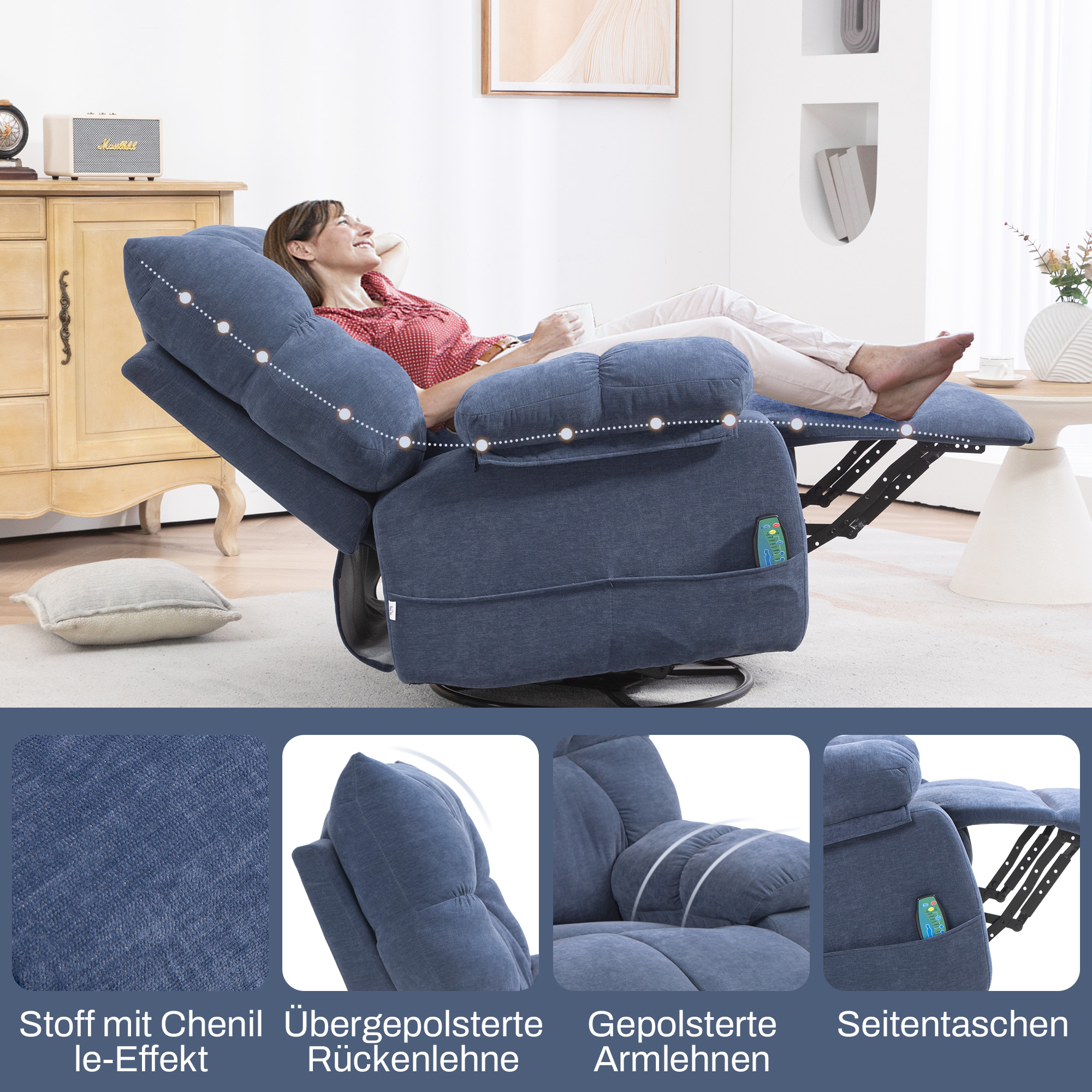 Massagesessel mit Wärme- & Liegefunktion, drehbar, bis 150 kg, Metallgestell, 98x90x98cm, Blau