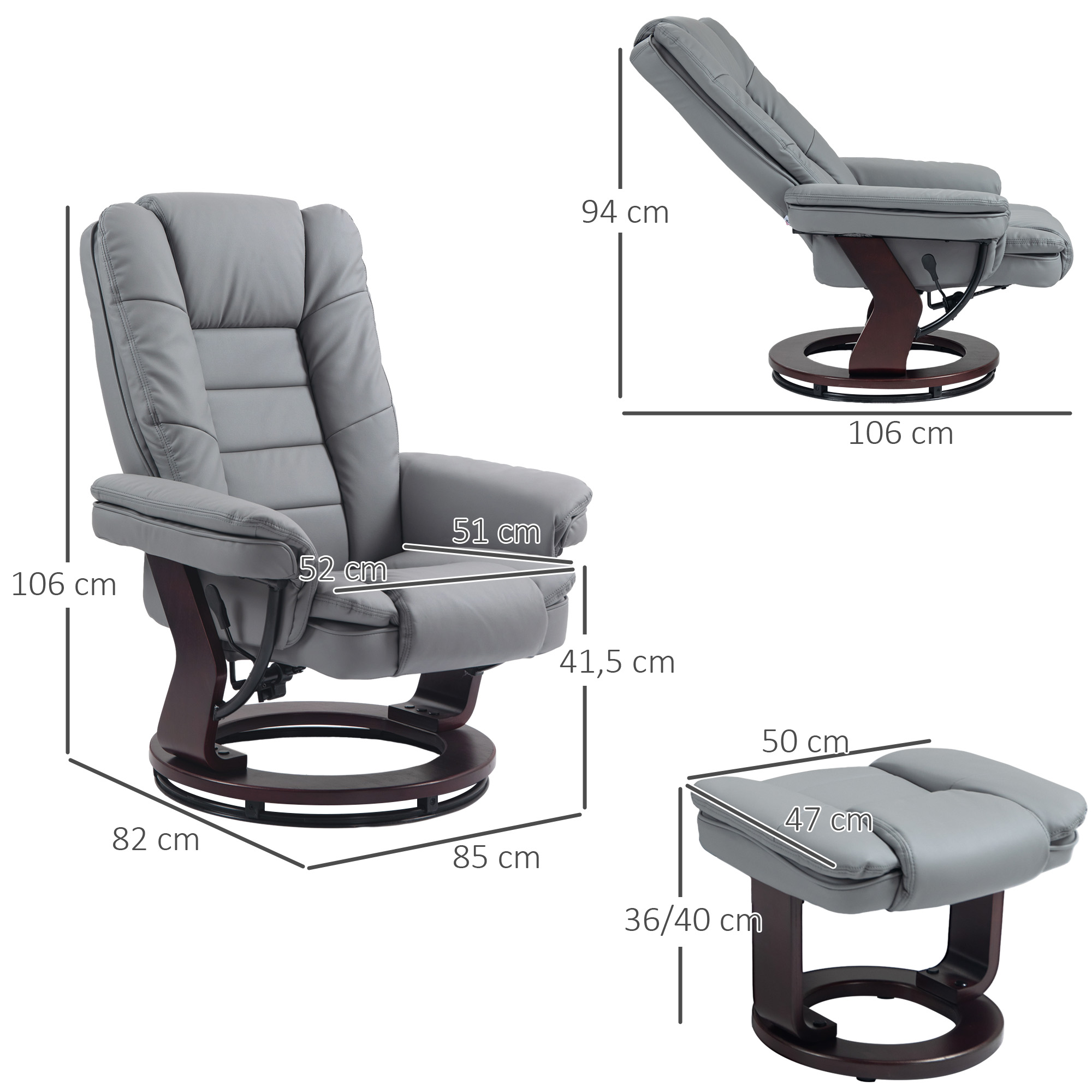 Relaxsessel mit Hocker, Liegesessel, drehbar, neigbare Lehne, Lederoptik, bis 130 kg, Grau