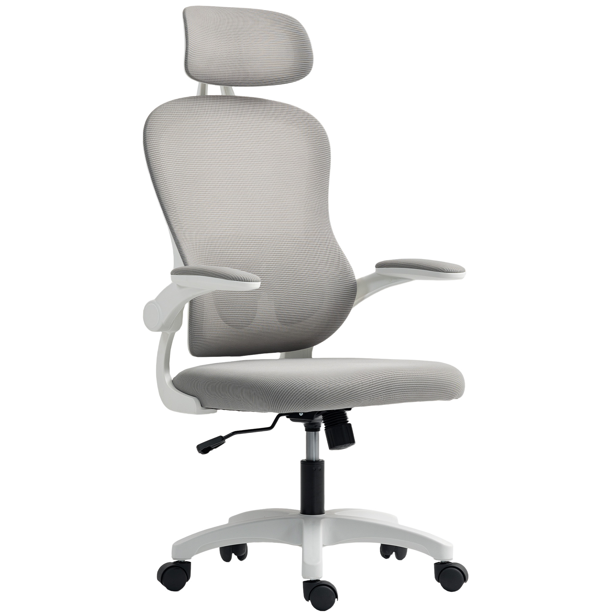 Ergonomischer Bürostuhl mit Netzstoff-Rückenlehne, höhenverstellbar, klappbare Armlehnen, 5 Rollen, Wippfunktion, Grau