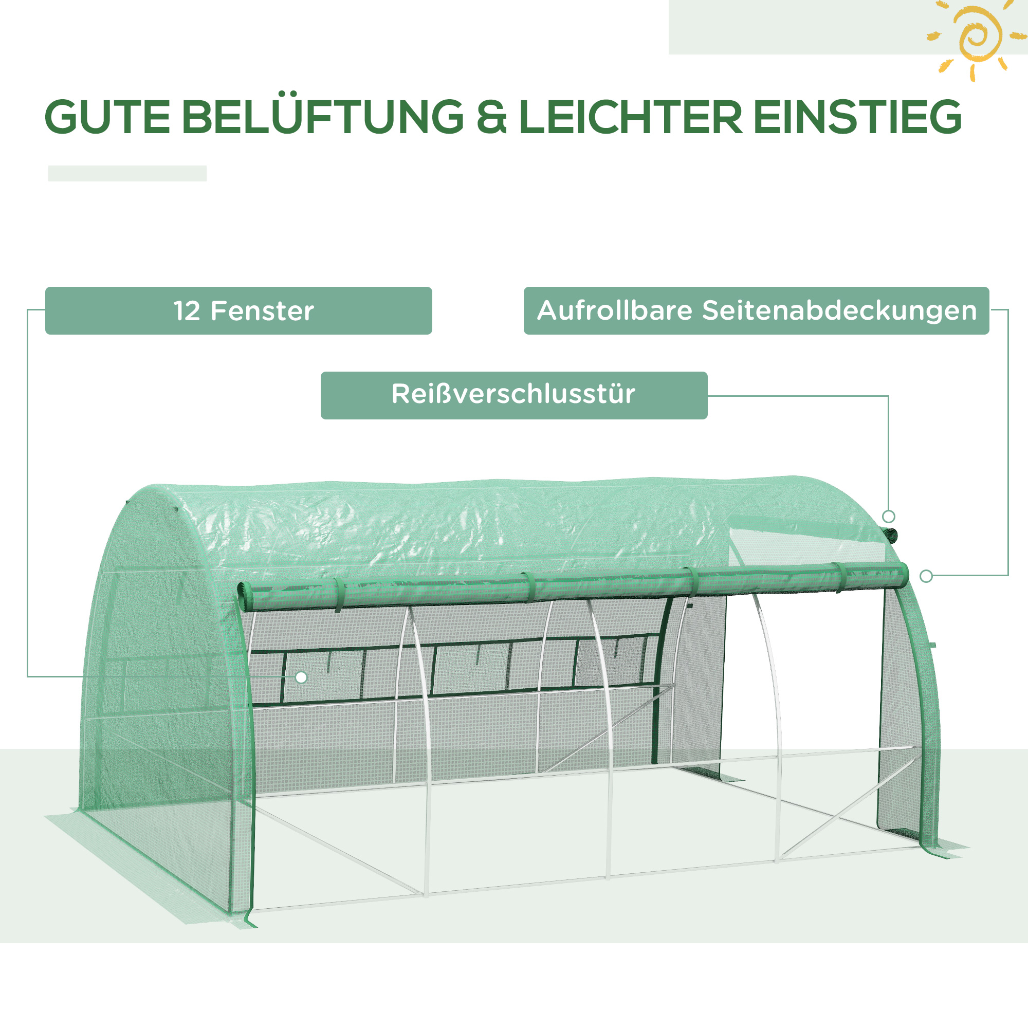 Foliengewächshaus, Treibhaus, begehbar, Netzfenster, Metallrahmen, 4x3x2m, Grün