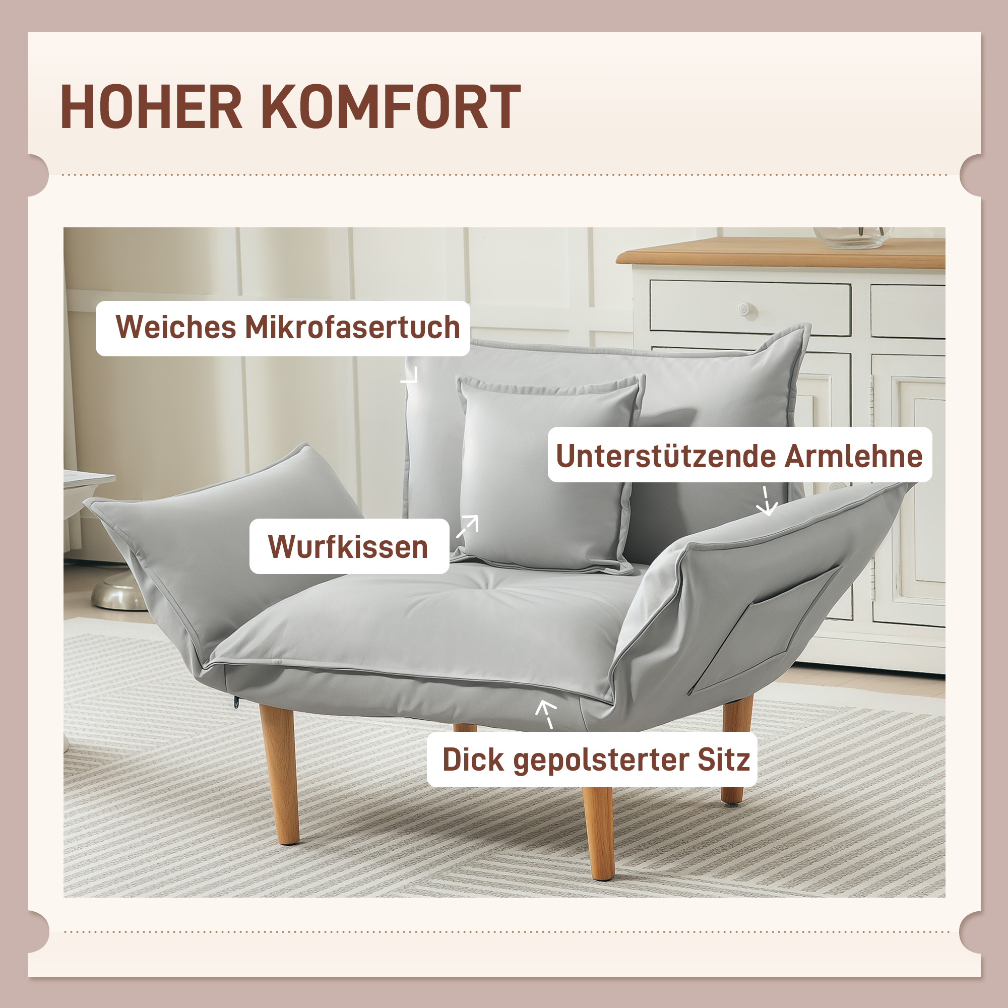 2-in-1 Verstellbarer Loungesessel, Bodensessel mit Kissen, Polstersessel, für Wohnzimmer, Schlafzimmer, Hellgrau