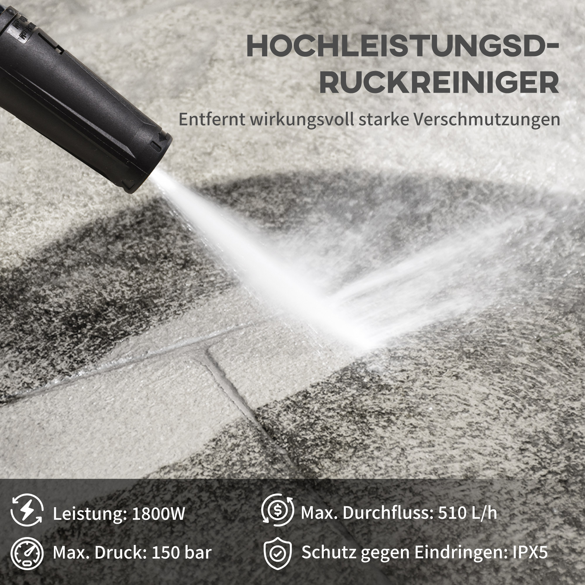 Hochdruckreiniger Druckreiniger 5-tlg, Zubehör, verstellbare Spritzdüse, 150 bar Druck, 1800 W, max, 510 l/h, 35x27x78cm
