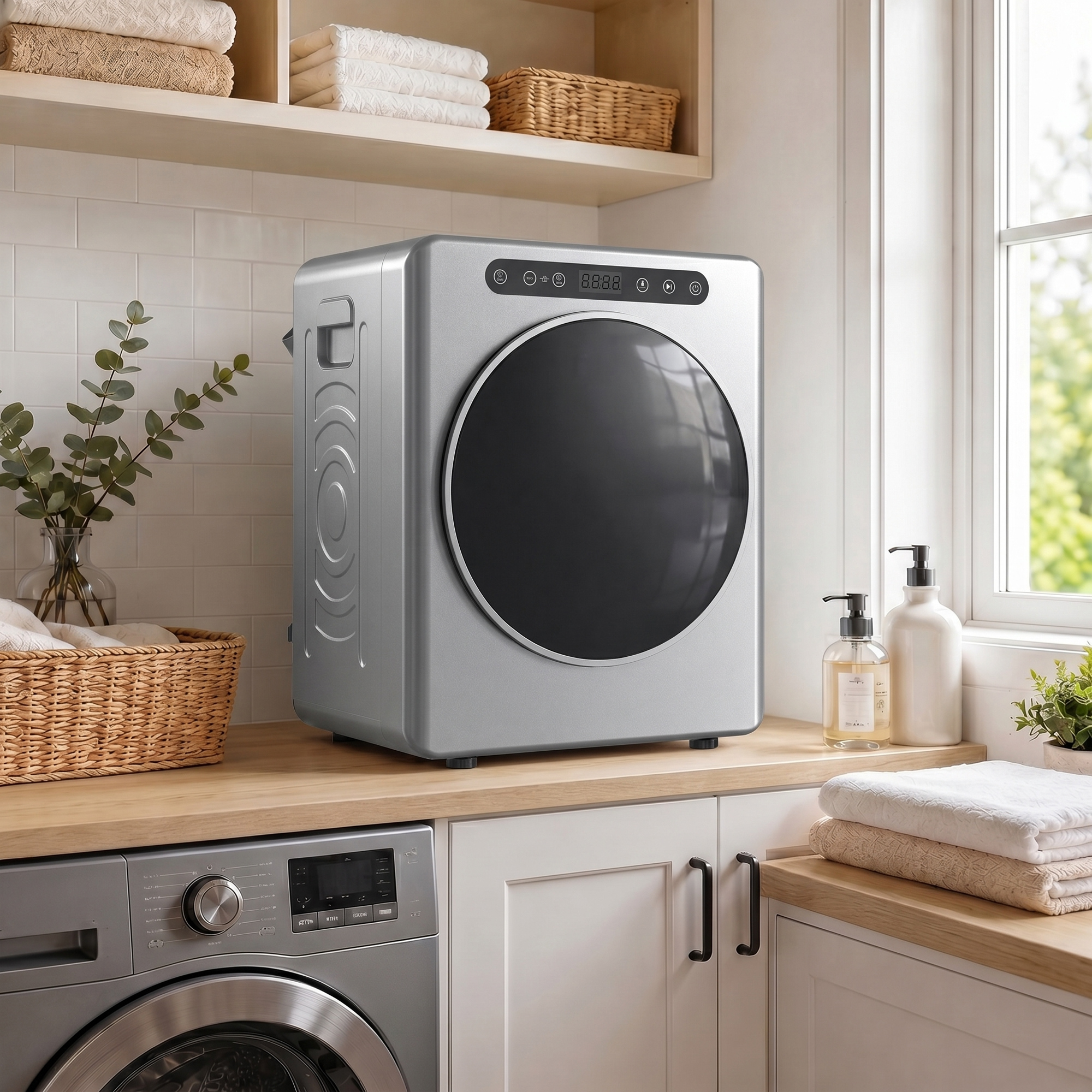 5kg Ablufttrockner, 1000W Kompakter freistehender Frontlader-Wäschetrockner mit Edelstahltrommel, Timer, Silber