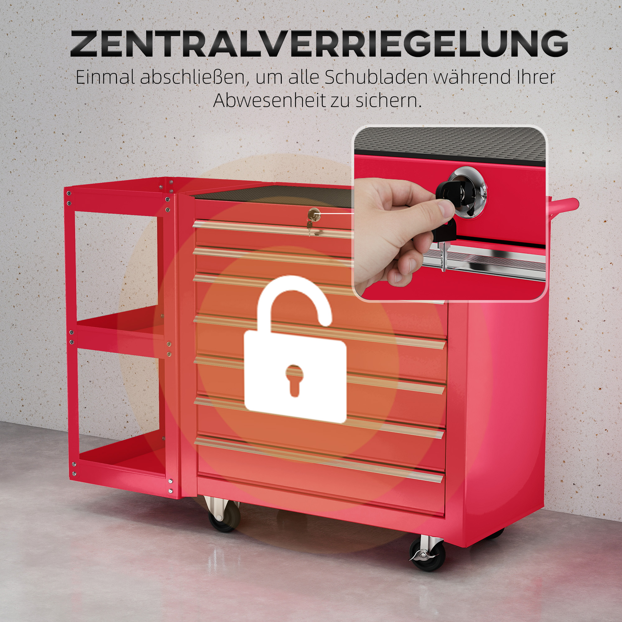 Werkstattwagen Werkzeugwagen mit 7 Schubladen abnehmbar Seitenregal 4 Rollen mit Feststellbremse, 96x33,5x75cm, Rot