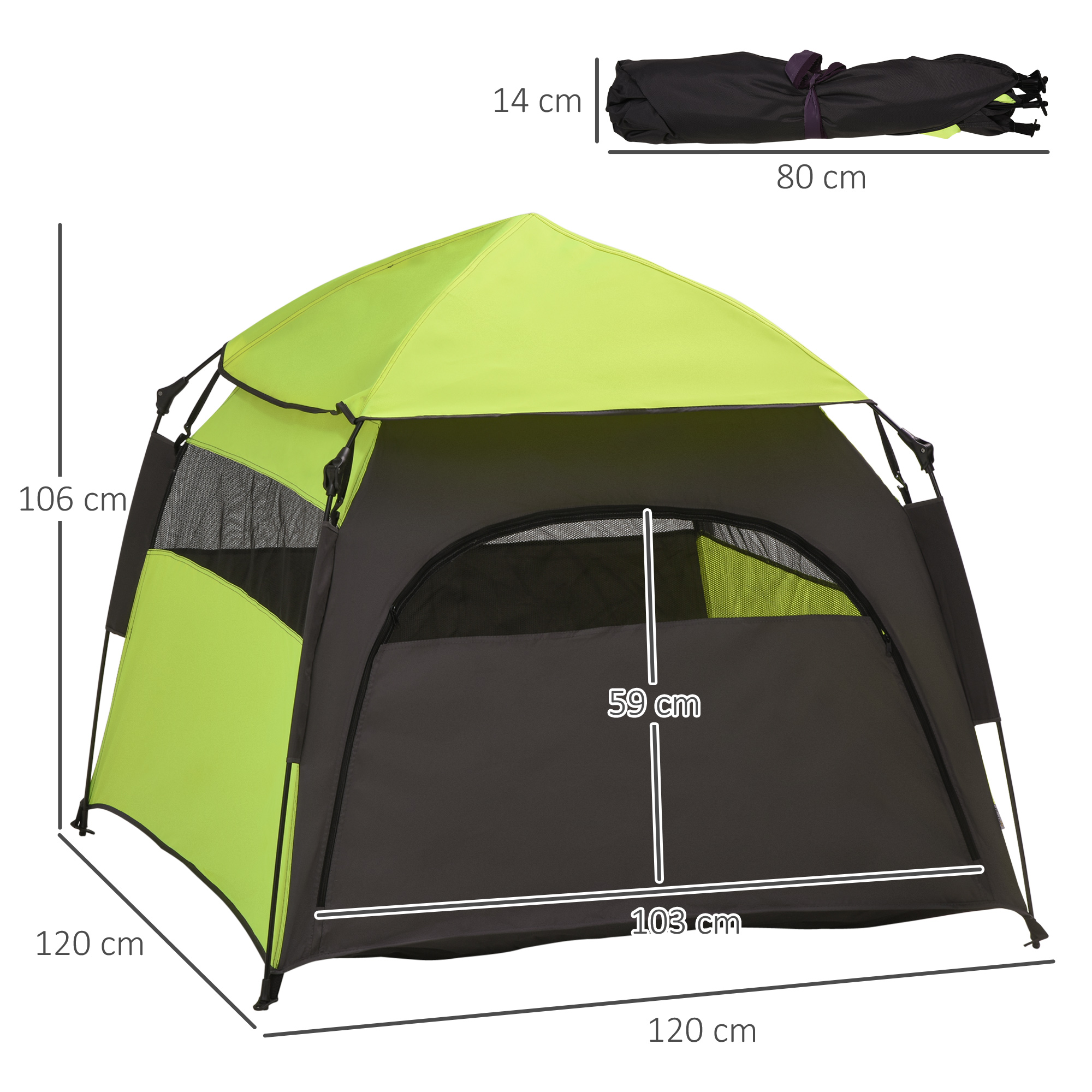 Haustierzelt Hundezelt Outdoor Tierzelt, 110 cm x 110 cm x 85 cm. Bodenspieße +  Transporttasche. Grün + Schwarz
