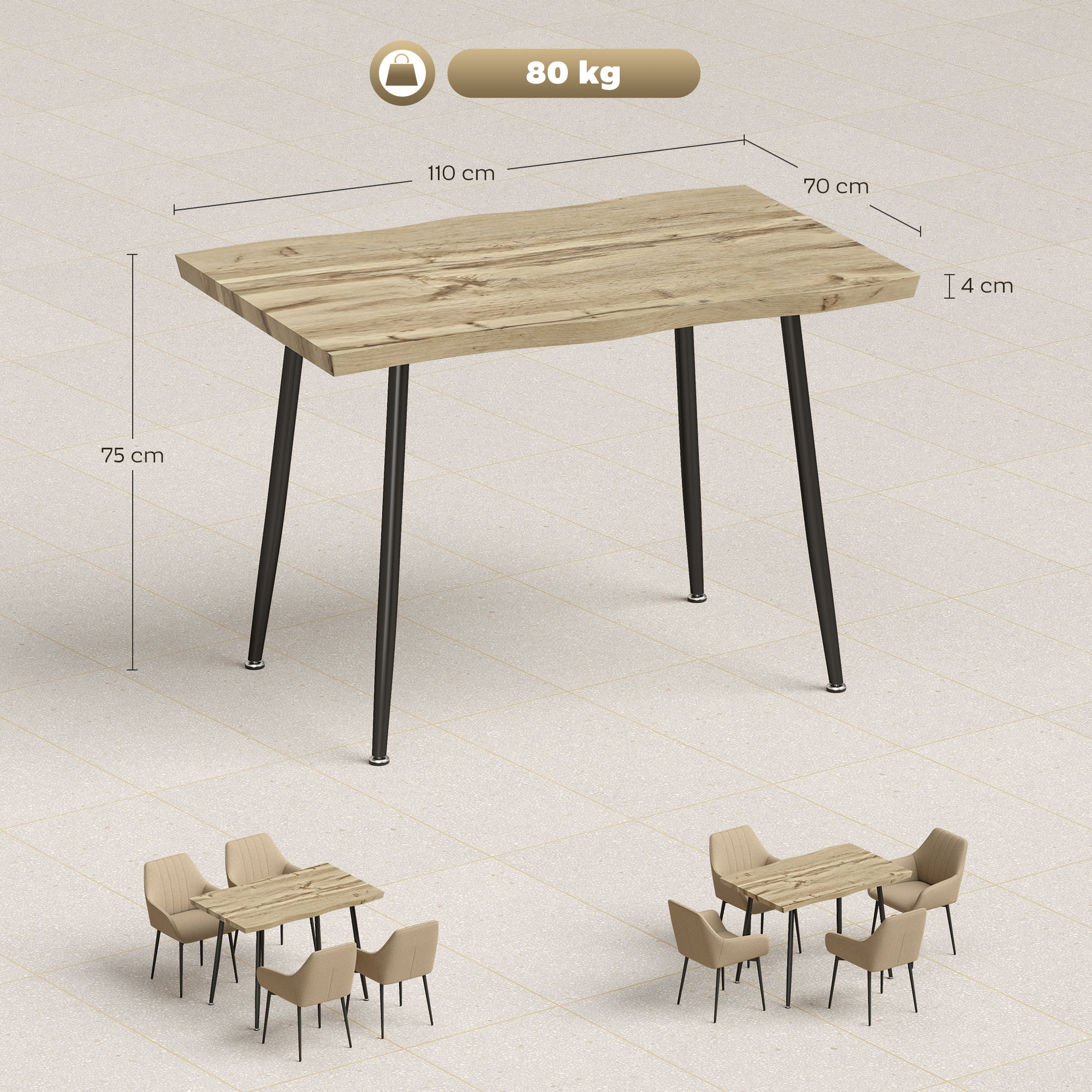 Esstisch für 4 Personen, 110 cm Nordischer Rechteckiger Küchentisch mit Stahlbeinen für Wohnzimmer und Esszimmer, Eiche