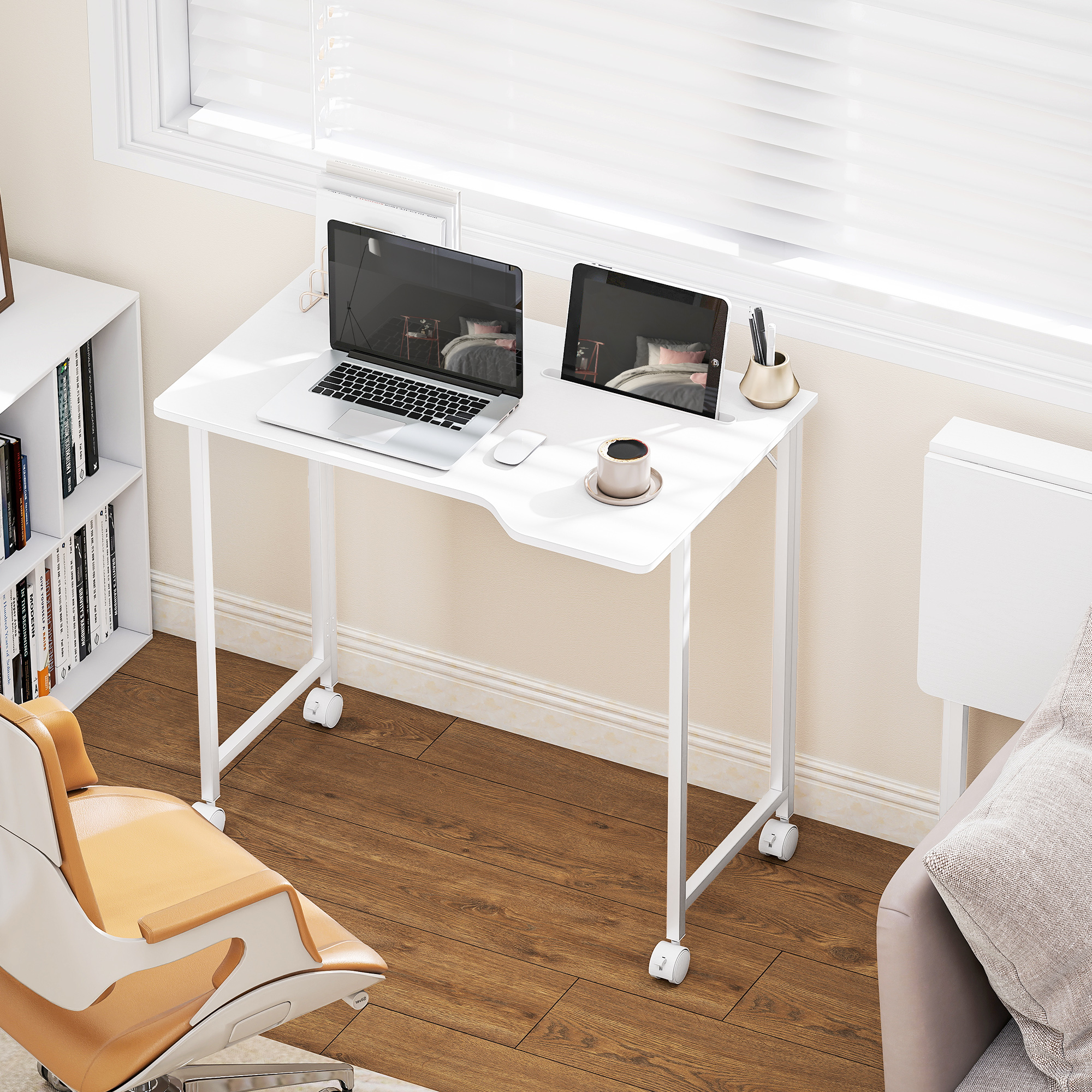 Schreibtisch, klappbarer Computertisch, platzsparender Bürotisch mit Rollen, Geräteschlitz, 80 x 52 x 75 cm, Weiß