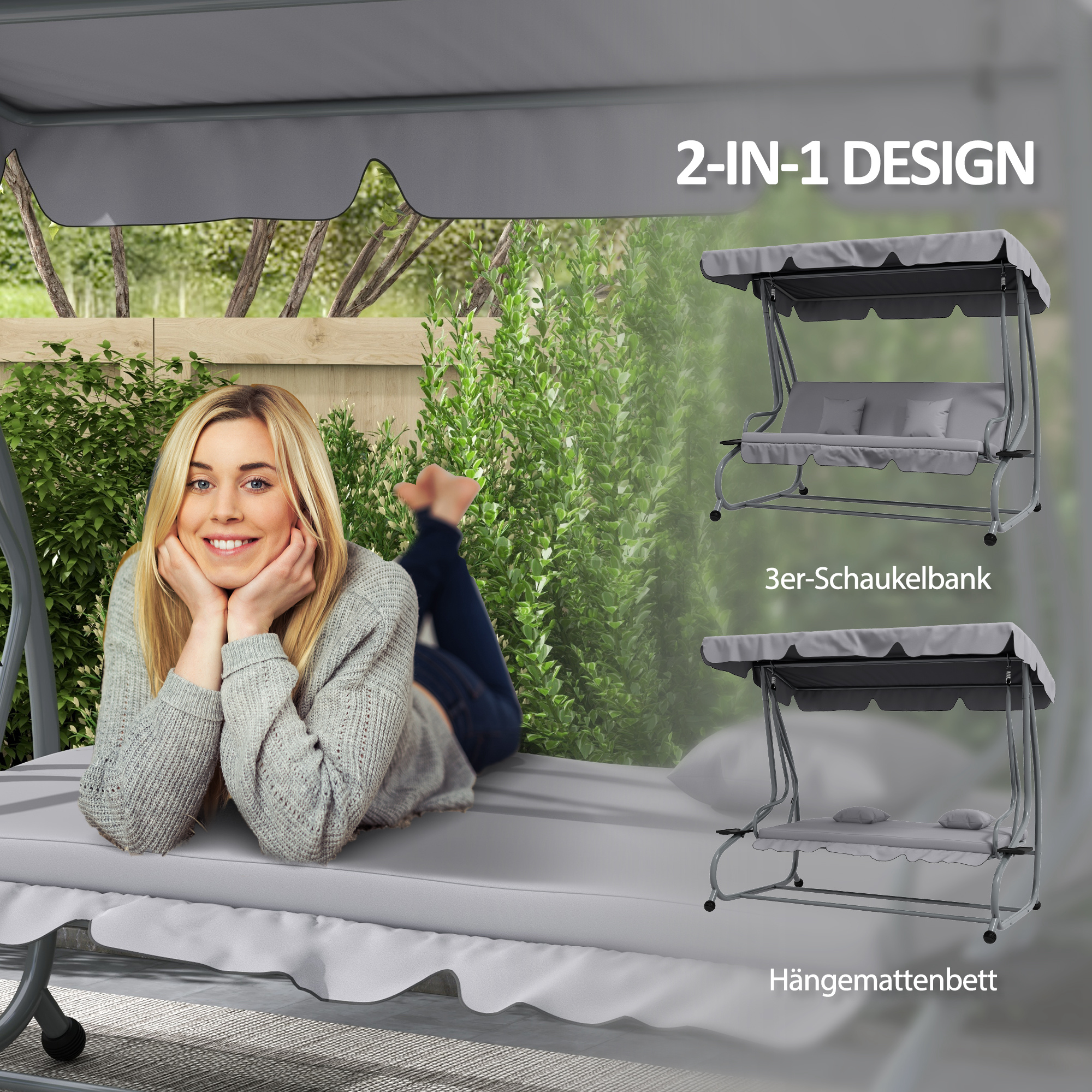 2-in-1 Hollywoodschaukel mit Liegefunktion, verstellbares Dach, bis 340 kg, Stahl, 200x120x164 cm, Grau