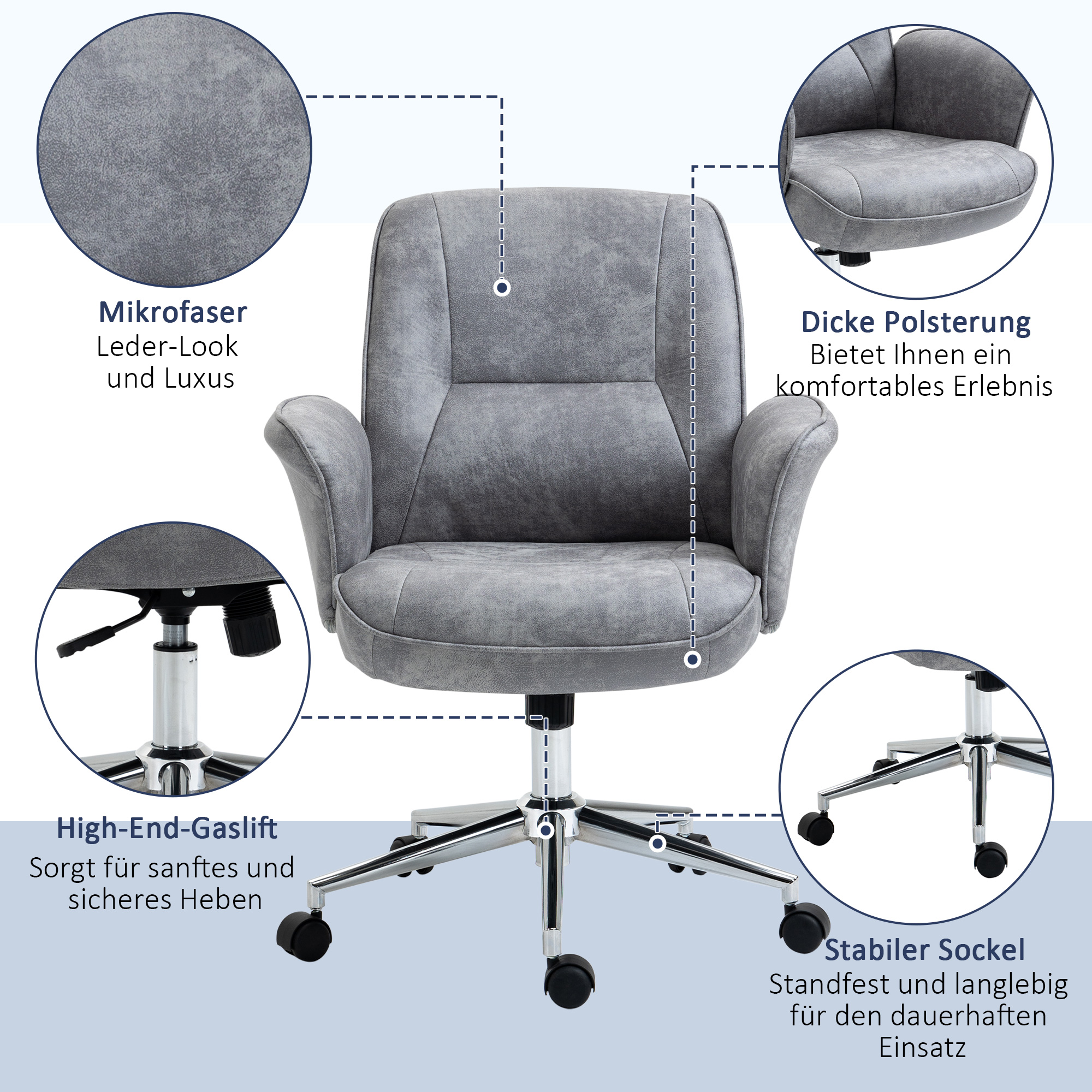 Bürostuhl mit Wippfunktion Schreibtischstuhl höhenverstellbarer Drehstuhl ergonomischer Arbeitsstuhl modern Belastbar bis 120 kg Mikrofaser Hellgrau 67 x 69 x 92-102 cm