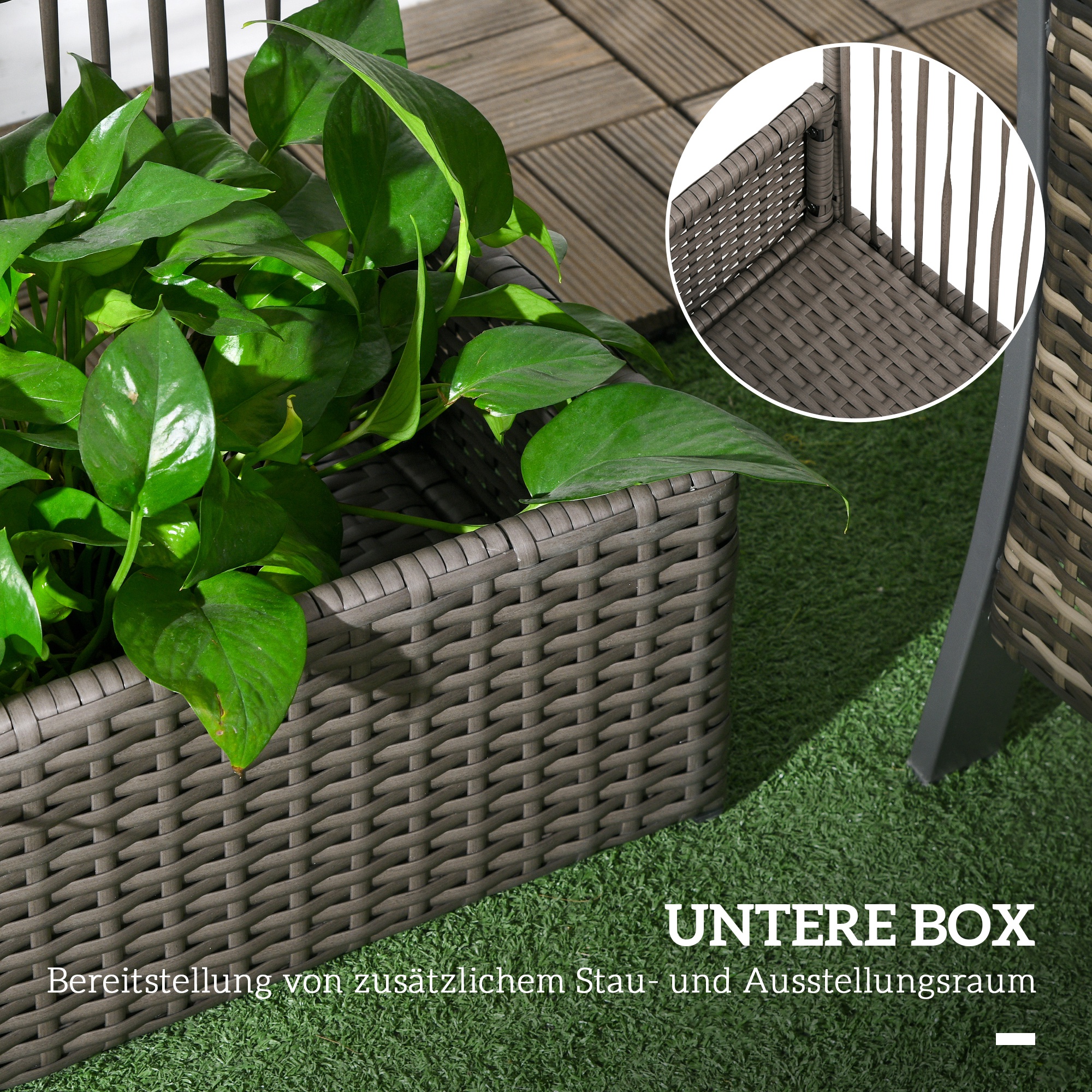 Blumenkasten mit Spalier, wetterfest, Polyrattan, 103 x 29 x 103 cm, Grau