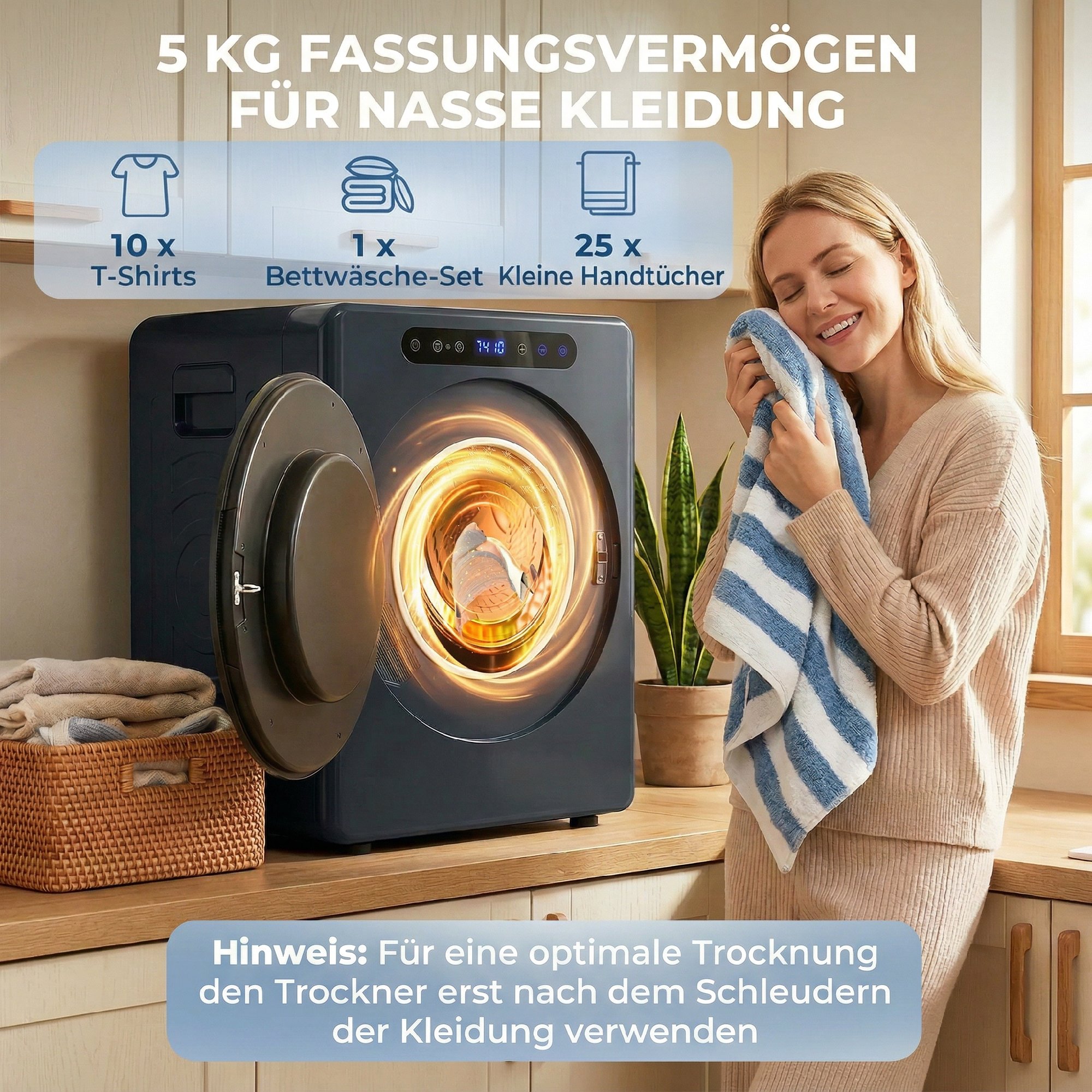 5kg Ablufttrockner, 1000W Kompakter freistehender Frontlader-Wäschetrockner mit Edelstahltrommel, Timer, Blau
