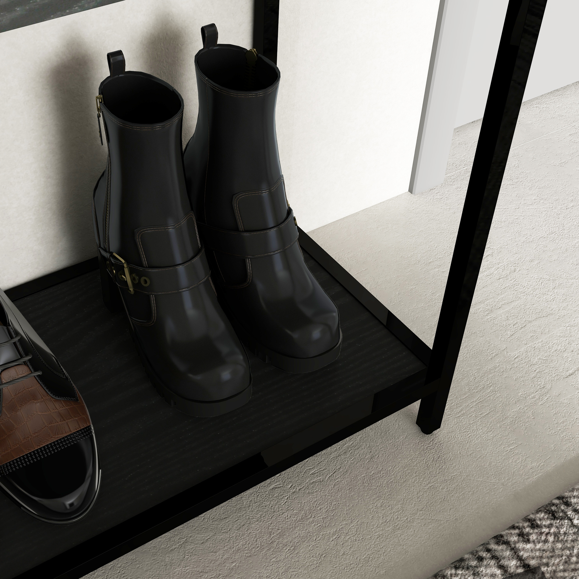 Konsolentisch mit 2 Regalen, Flurtisch, Flurkonsole, Schwarz