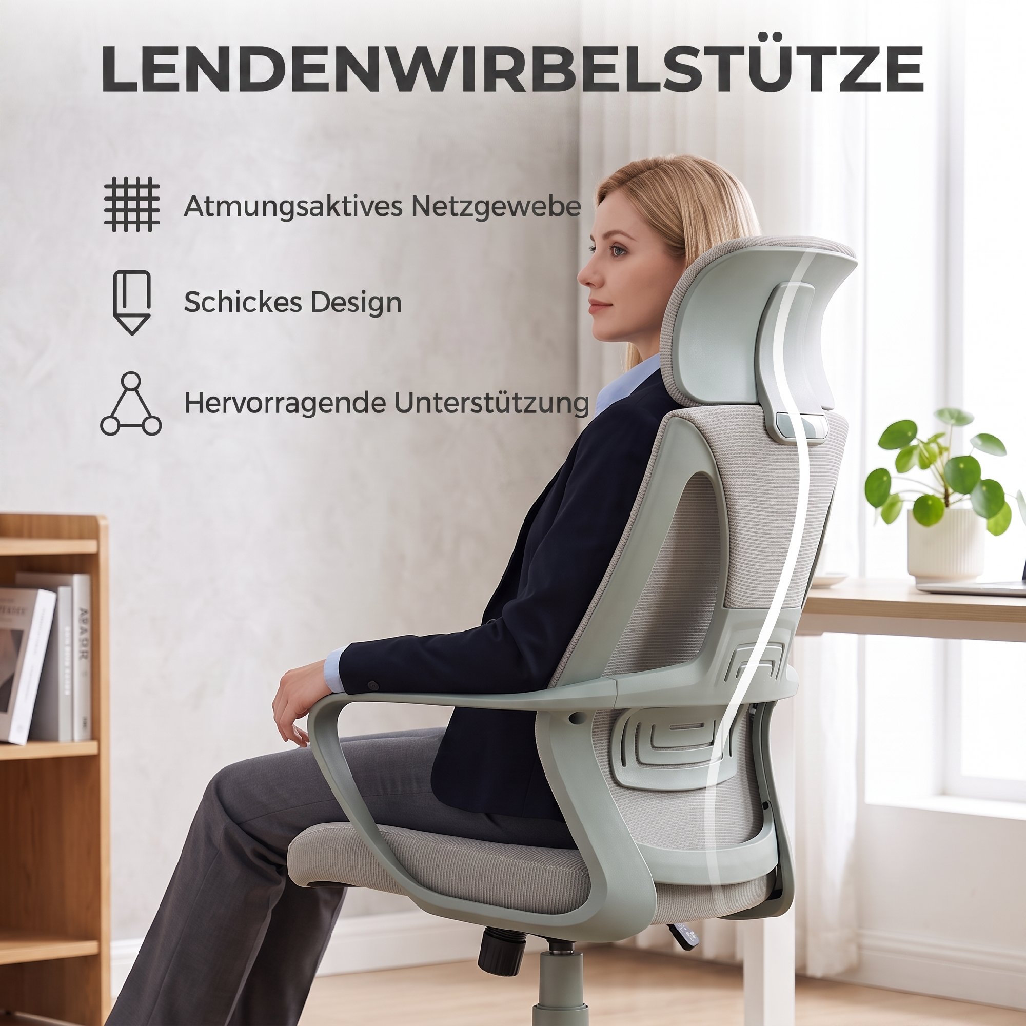 Bürostuhl, Schreibtischstuhl mit Wippfunktion Höhenverstellbarer mit Kopfstütze, Lendenstütze Grau