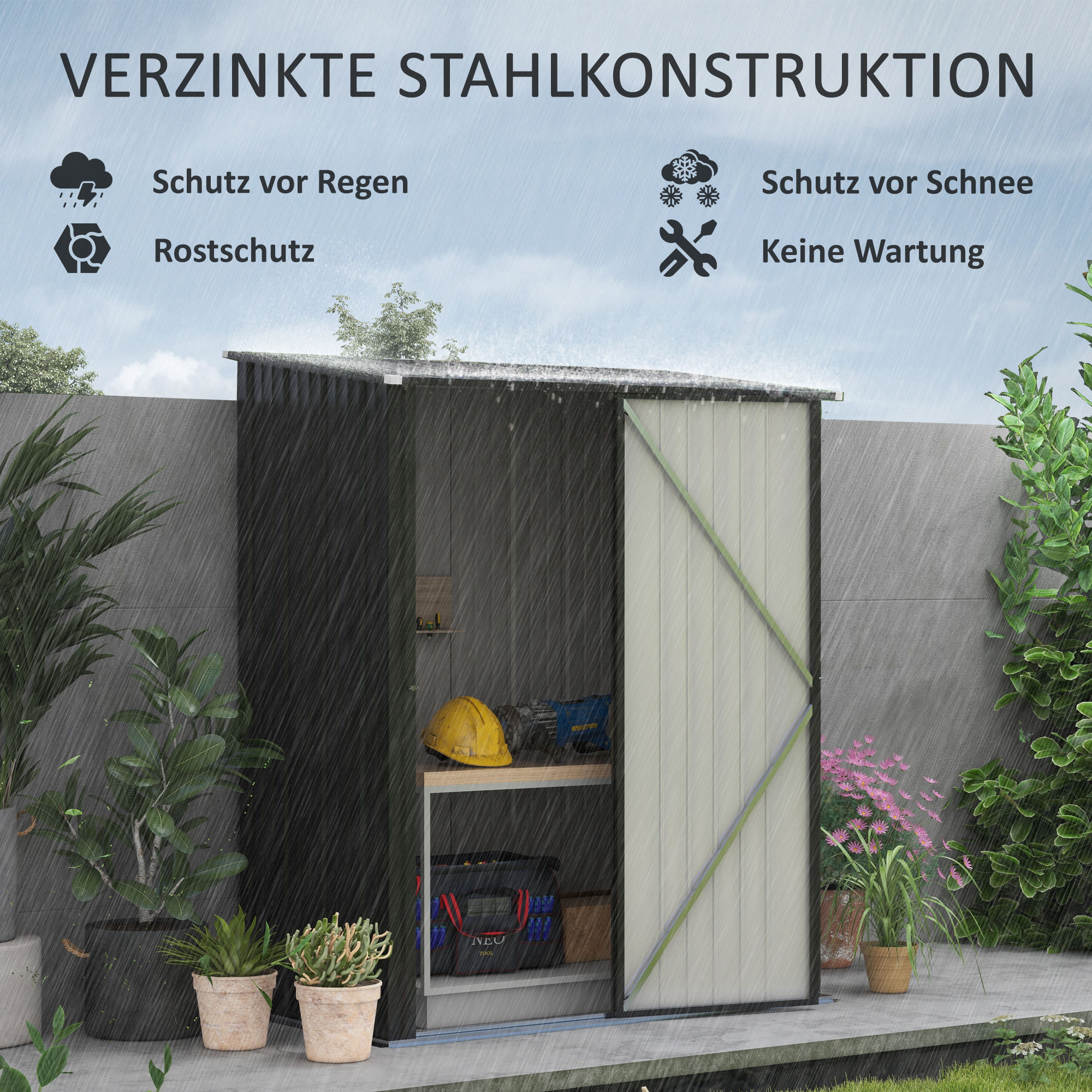 Gartenschuppen Geräteschuppen, verschließbare Tür, wetterbeständig, inkl. Regale, 161,5 cm x 94,5 cm x 196 cm, Schwarz