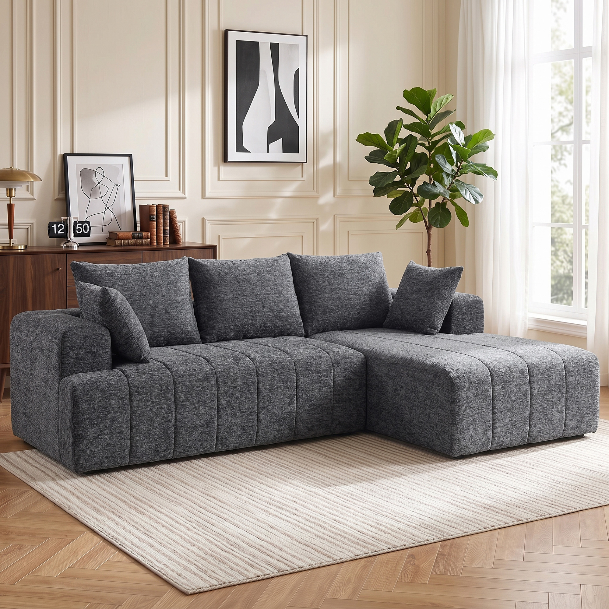3-Sitzer Ecksofa in L-Form mit Ottomane, wandelbares Chenille-Cloud-Schlafsofa mit Federkernpolsterung, Grau
