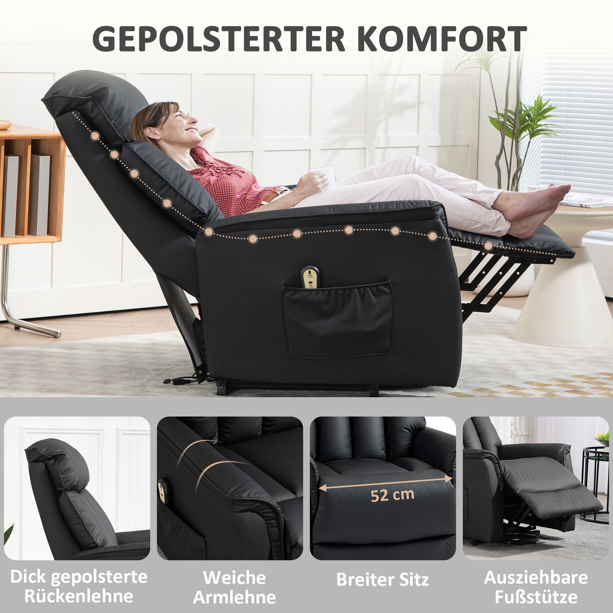 Aufstehsessel, Fernsehsessel, Sessel mit Aufstehhilfe, Liegefunktion, Kunstleder, 80 x 94 x 104 cm, Schwarz