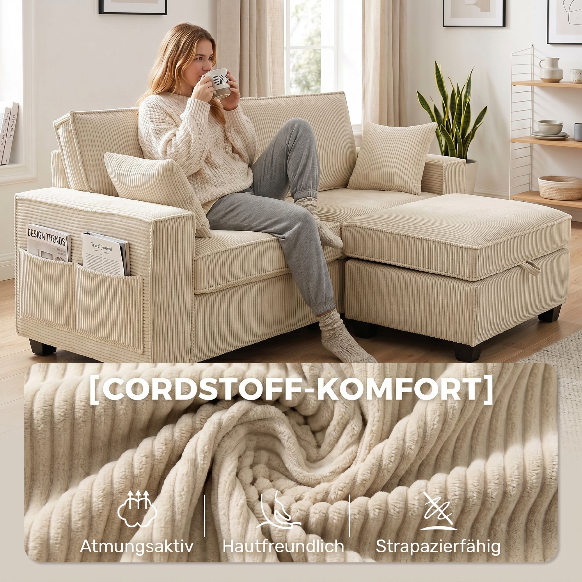 Ecksofa 216 cm 3-Sitzer L-Form Sofa mit Umkehrbarem Aufbwahrungshocker, Cord-Optik, Breiter Sitzfläche, für Wohnzimmer