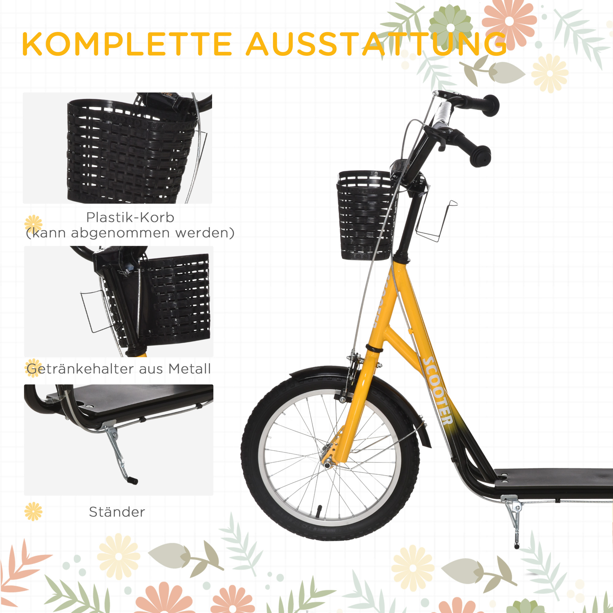 Kinder-Tretroller, höhenverstellbar, rutschfest, Stahlrahmen, abnehmbarer Korb, Bremsen, Gummireifen