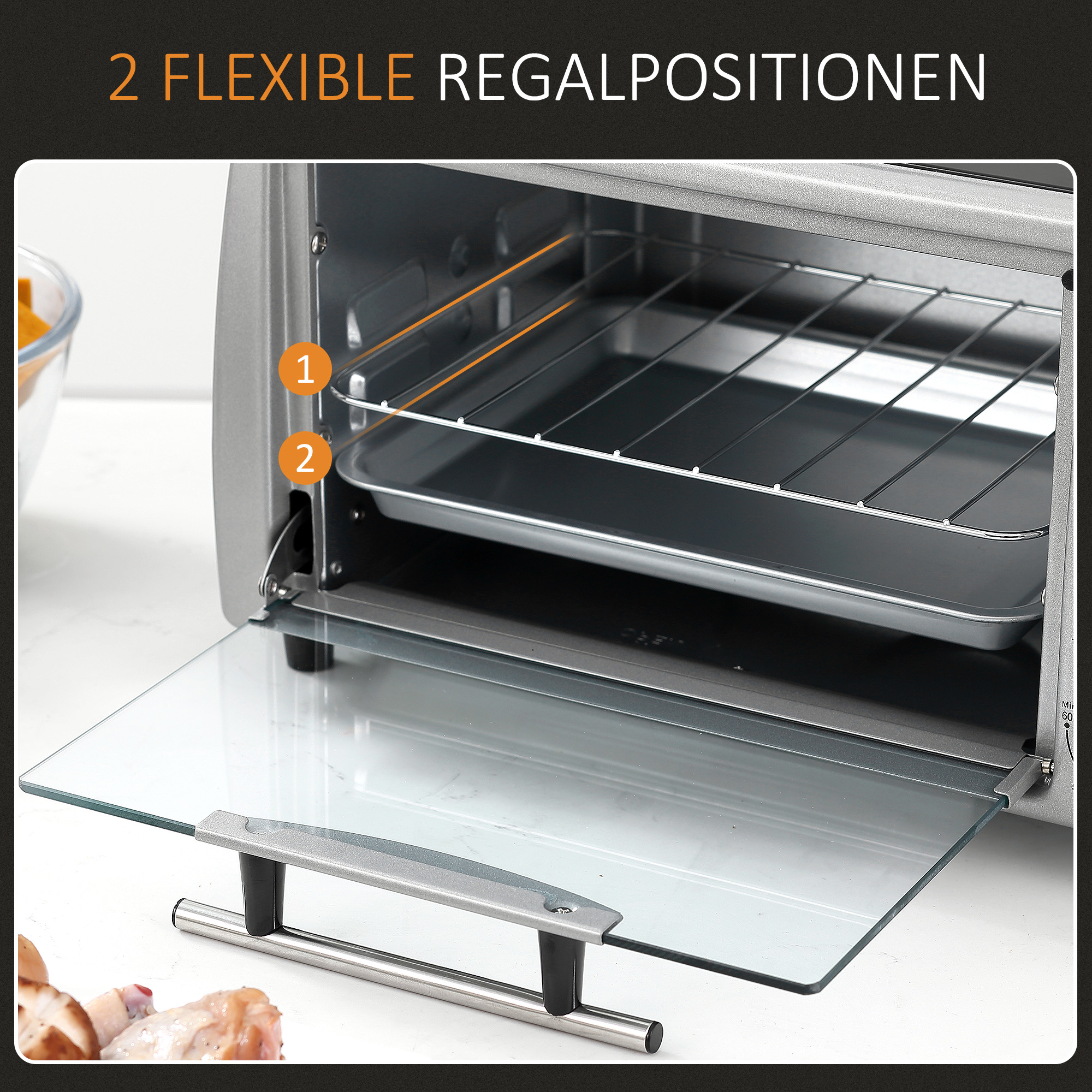 Mini Backofen 10 L 750W 100-230℃ 60 Min. Timer mit Backblech, Grillrost und Herausnehmbarer Bodenschale, Pizza-Ofen Silber