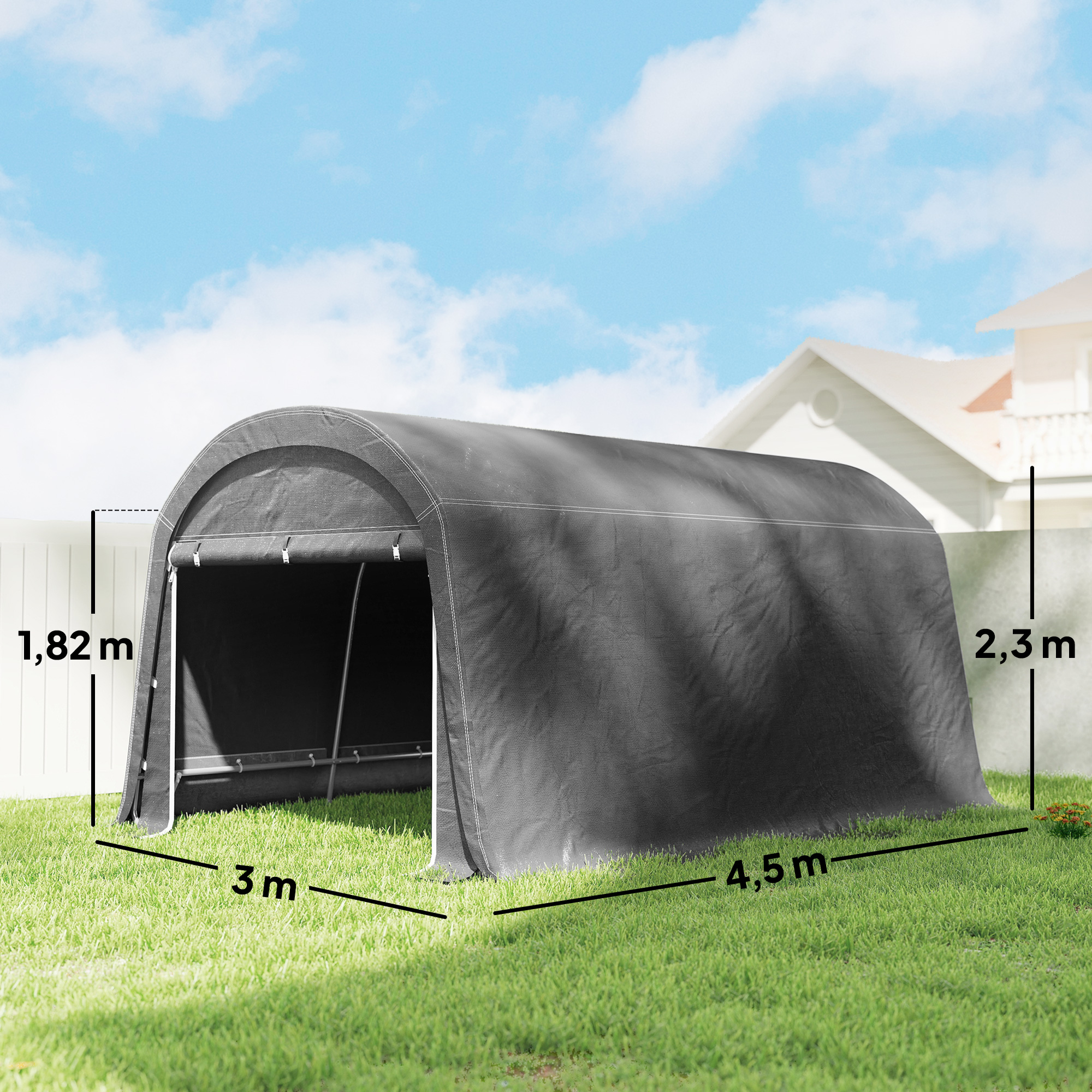 Gartenschuppen mit Kunststoff-Plane, Werkzeugzelt, aufstellbare Garage, 300B x 450T x 230H cm, Dunkelgrau
