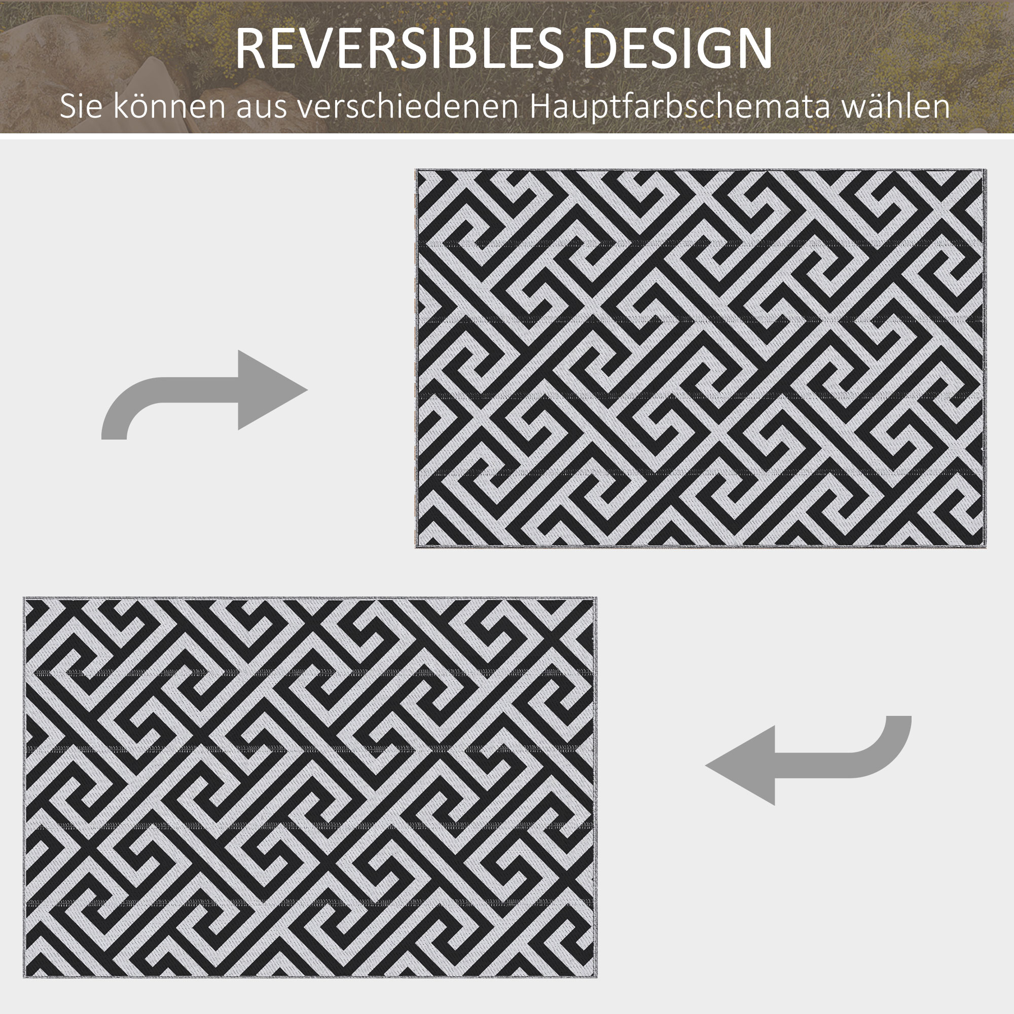 Outdoor-Teppich, beidseitig nutzbar, strapazierfähig, Rand gegen Ausfransen, schwarz+weiß, 121 x 182 cm