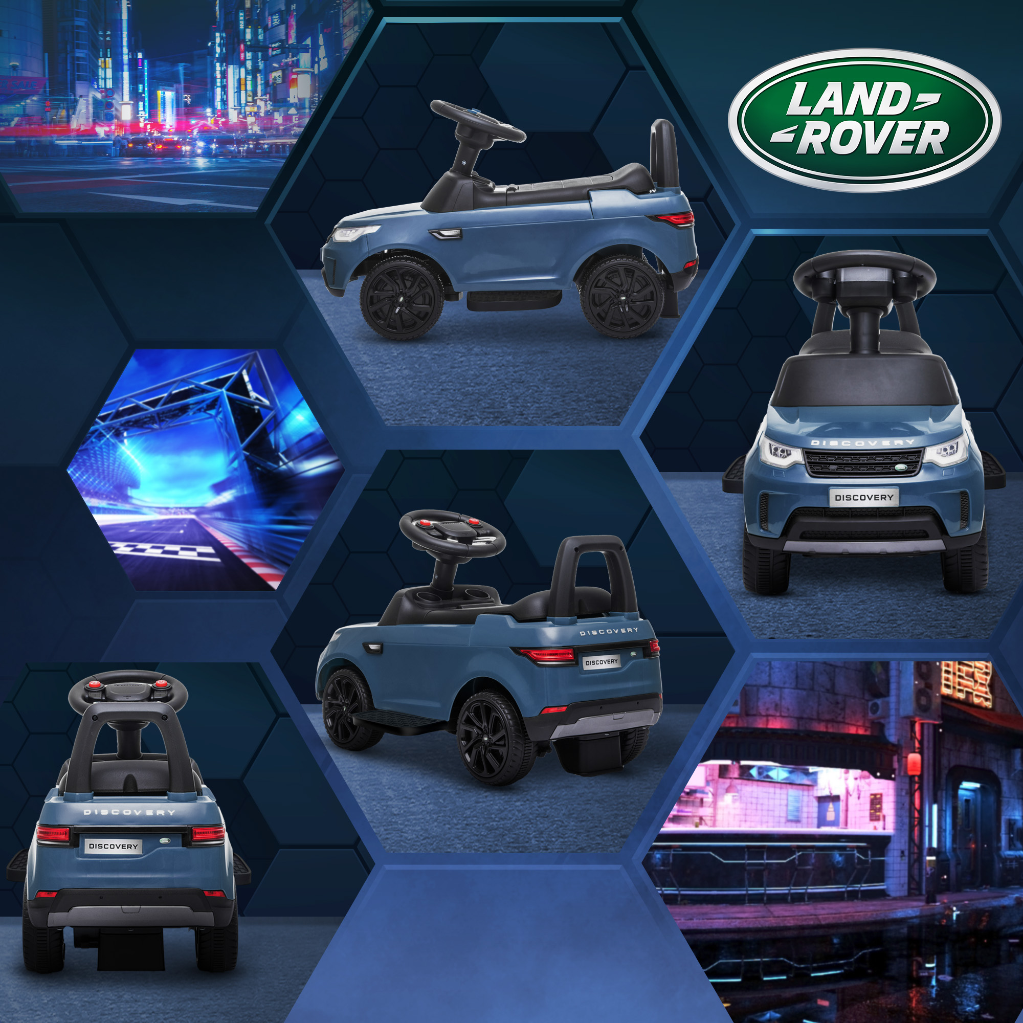 Elektro-Kinderauto 6V, Land Rover, Fahr-/Schiebemodus, Scheinwerfer, Musik, Hellblau