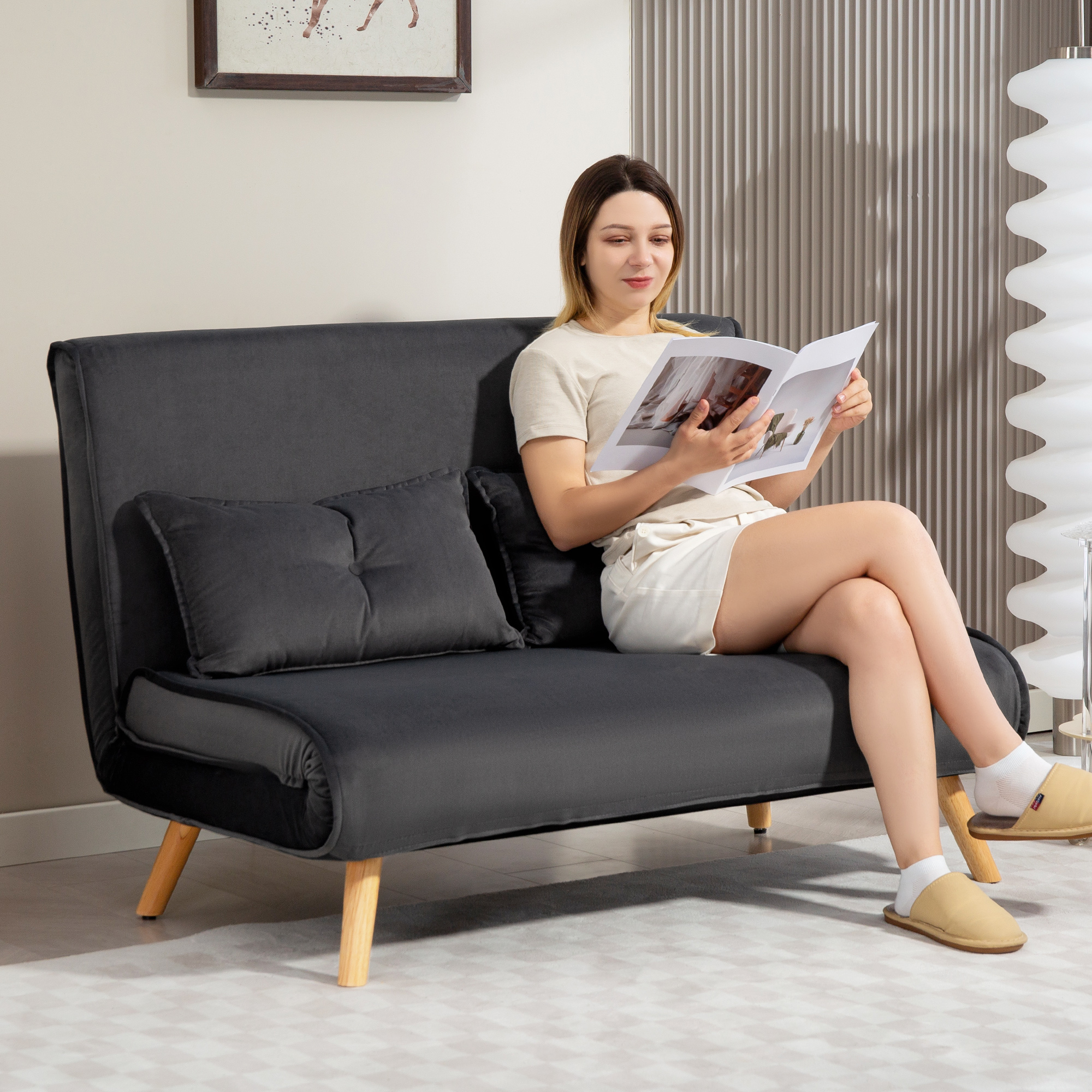 2-Sitzer-Schlafsofa, Bettsofa, in Bett umwandelbare Couch, verstellbare Rückenlehne, Stoffbezug, Metallrahmen, Grau