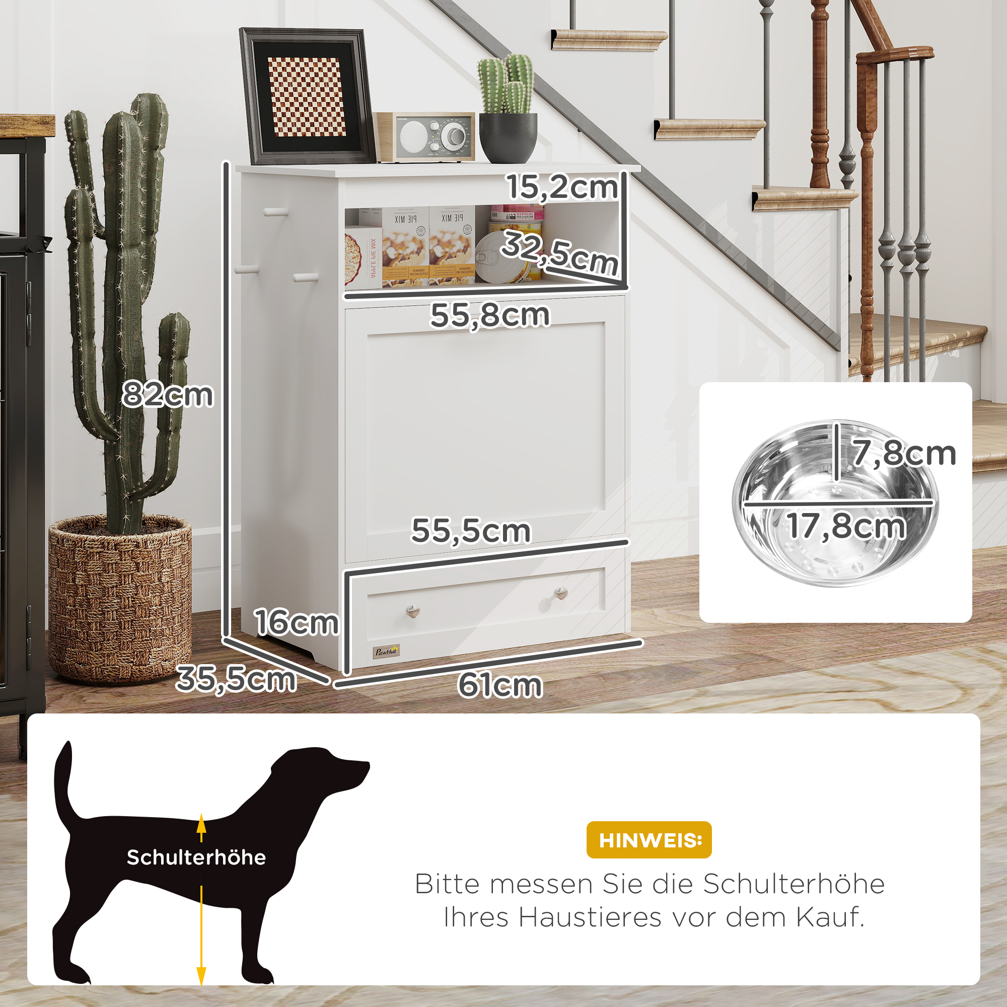 Futterstation für Haustiere, Aufbewahrungsschrank für Haustierbedarf, mit Futterschüsseln, Haken für Leinen, MDF, Weiß