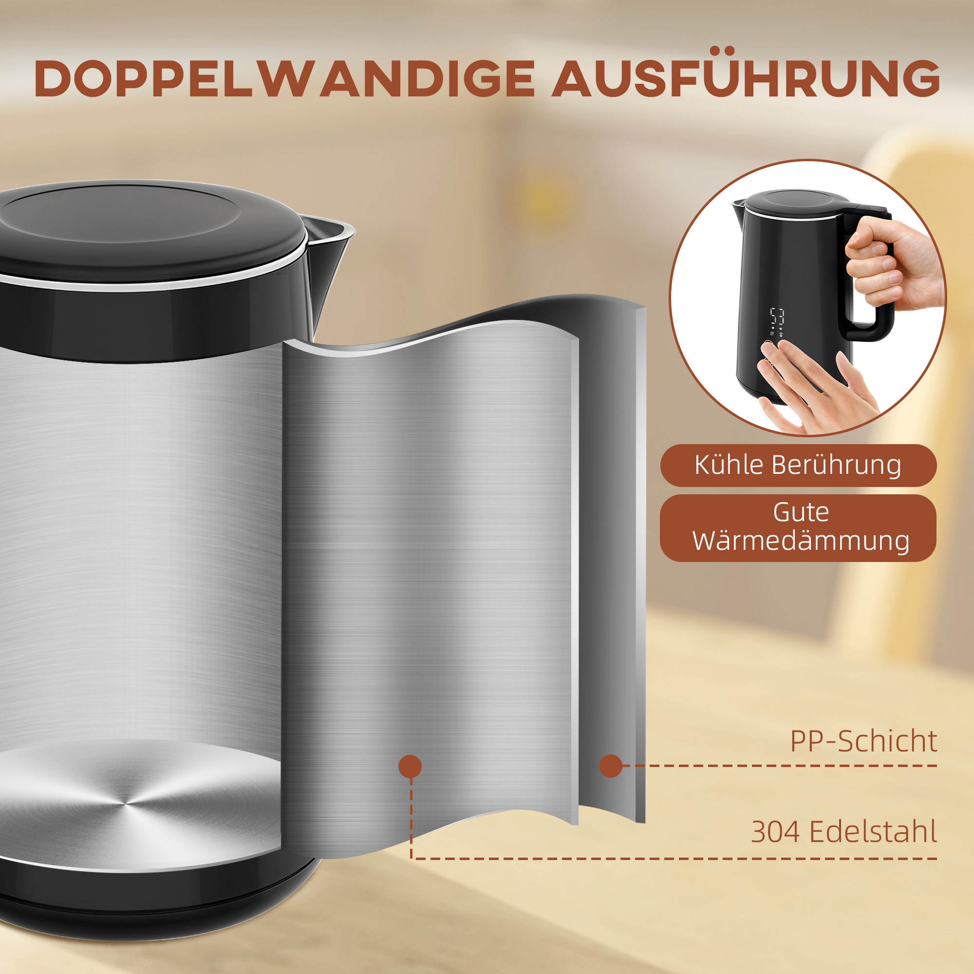 Küchenset mit Wasserkocher und Toaster, 7 Bräunungsstufen, schnelles Kochen, Edelstahl, Kunststoff, Schwarz