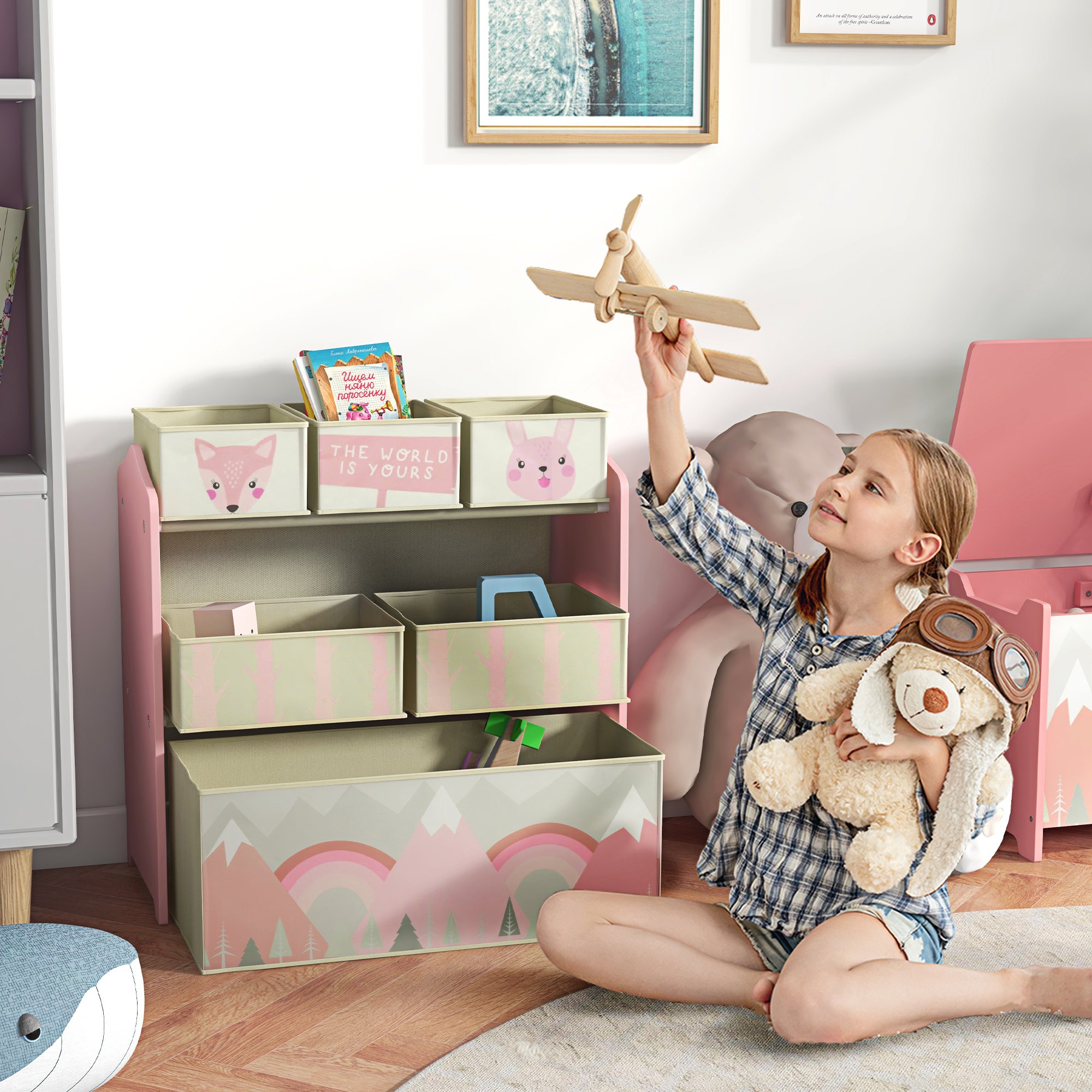 Kinderschrank mit 6 Stoffboxen, niedliches Motiv, 63x30x66 cm, Rosa