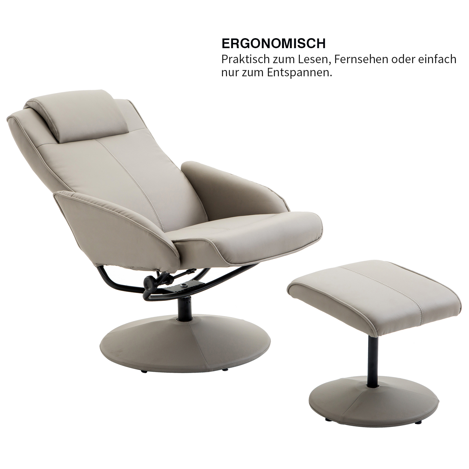 Relaxsessel mit Hocker, 360°drehbarer Fernsehsessel mit Liegefunktion, TV Sessel, Kunstleder, Lesesessel für Wohnzimmer, Schlafzimmer, Grau