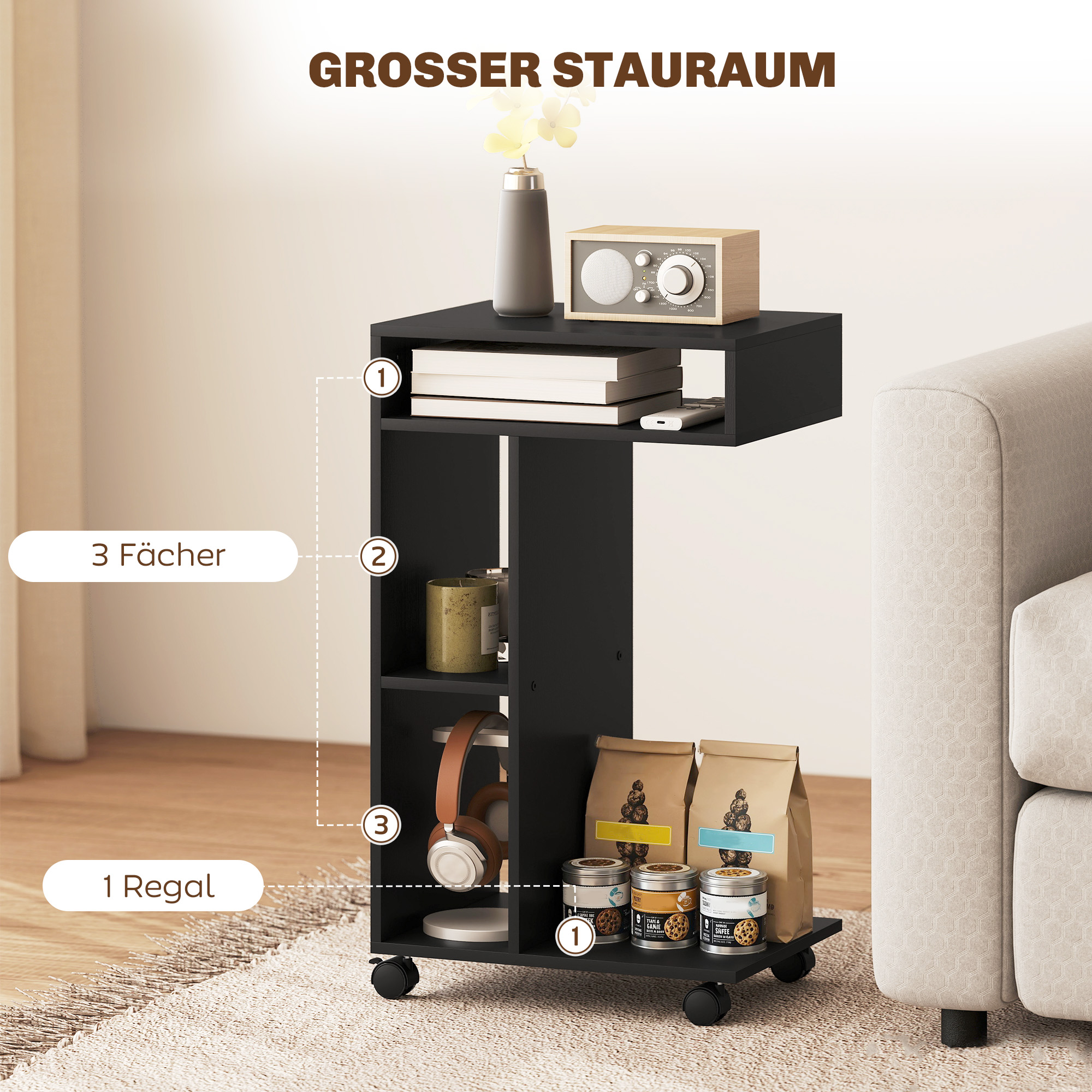 Beistelltisch, C-förmiger Servierwagen, 4 Rollen, 3 Fächer, 40 x 30 x 69 cm, Schwarz