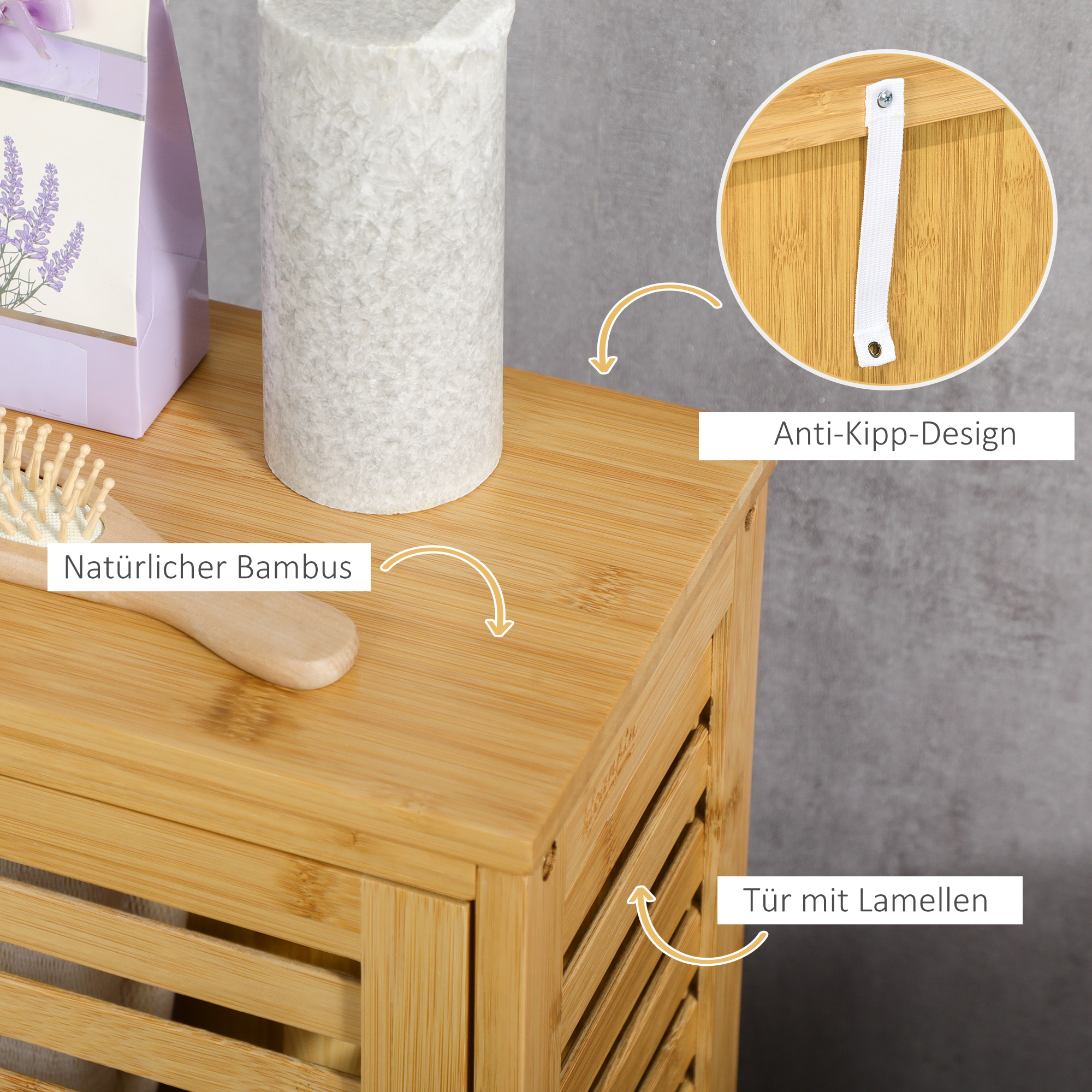 Badezimmerschrank mit Lamellentür, versetzbarem Einlegeboden, Naturbambus, 30x19,9x70 cm
