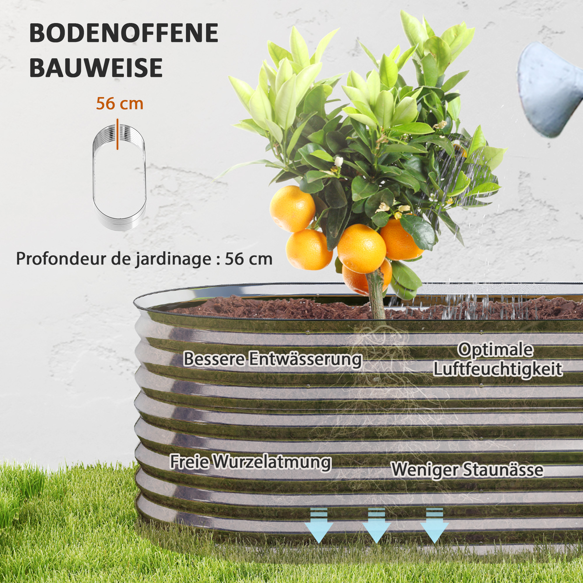 Pflanzkübel, Metall-Blumenkübel mit Sicherheitskante und Handschuhen, offener Boden, 160B x 80T x 56H cm, Grau