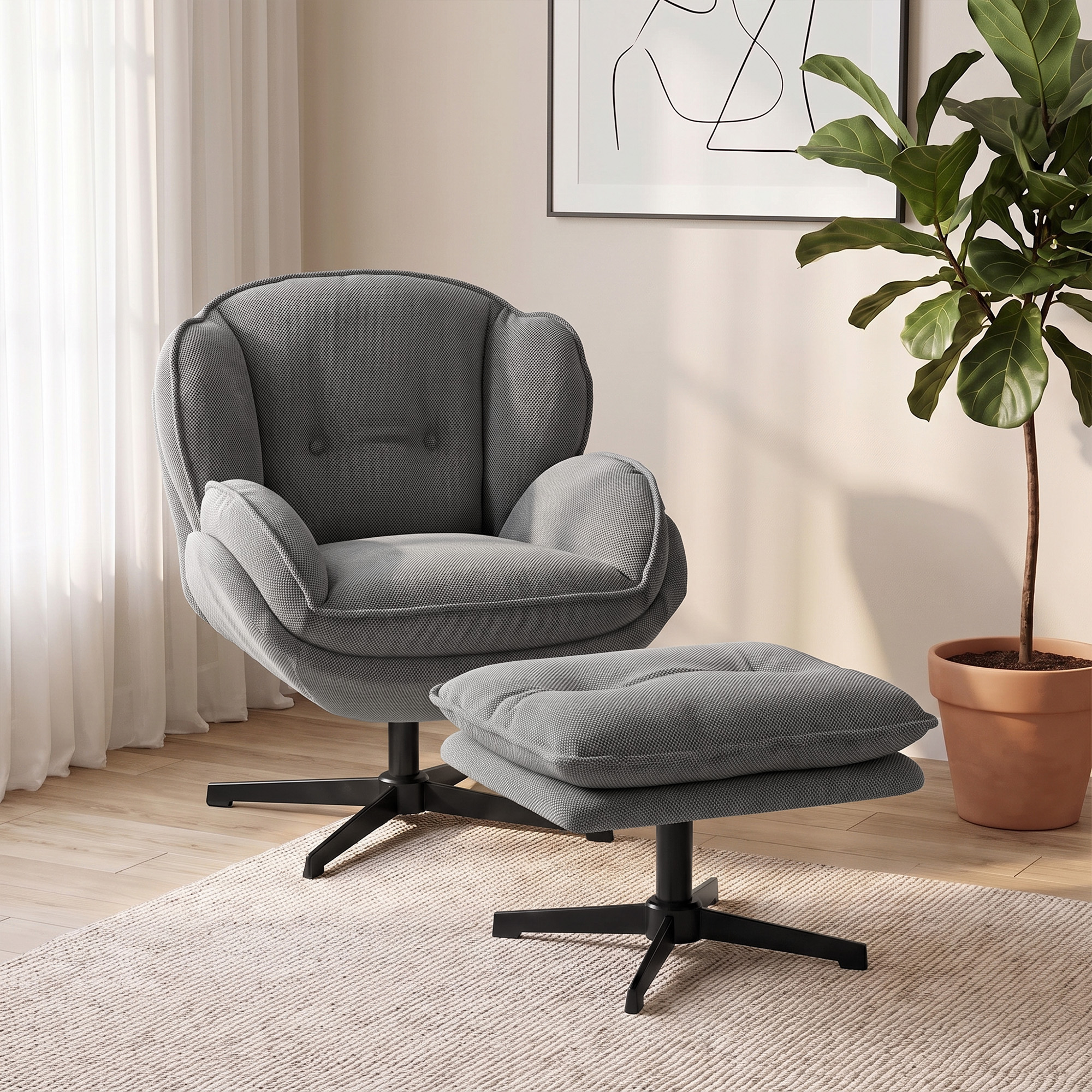 Sessel mit verstellbarem Fußhocker, 360° drehbar, Chenille-Bezug, dicke Polsterung, Grau