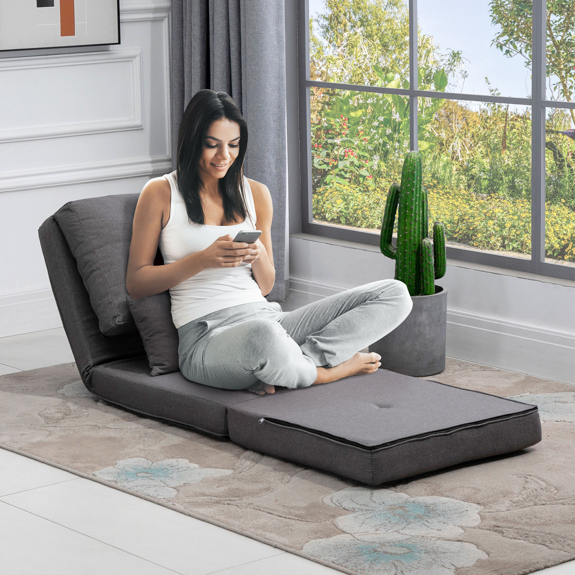 Bodensessel Klappmatratze Schlafmatte, 2-in-1-Design, abnehmbares Kissen, 60 x 80 x 56 cm, Dunkelgrau
