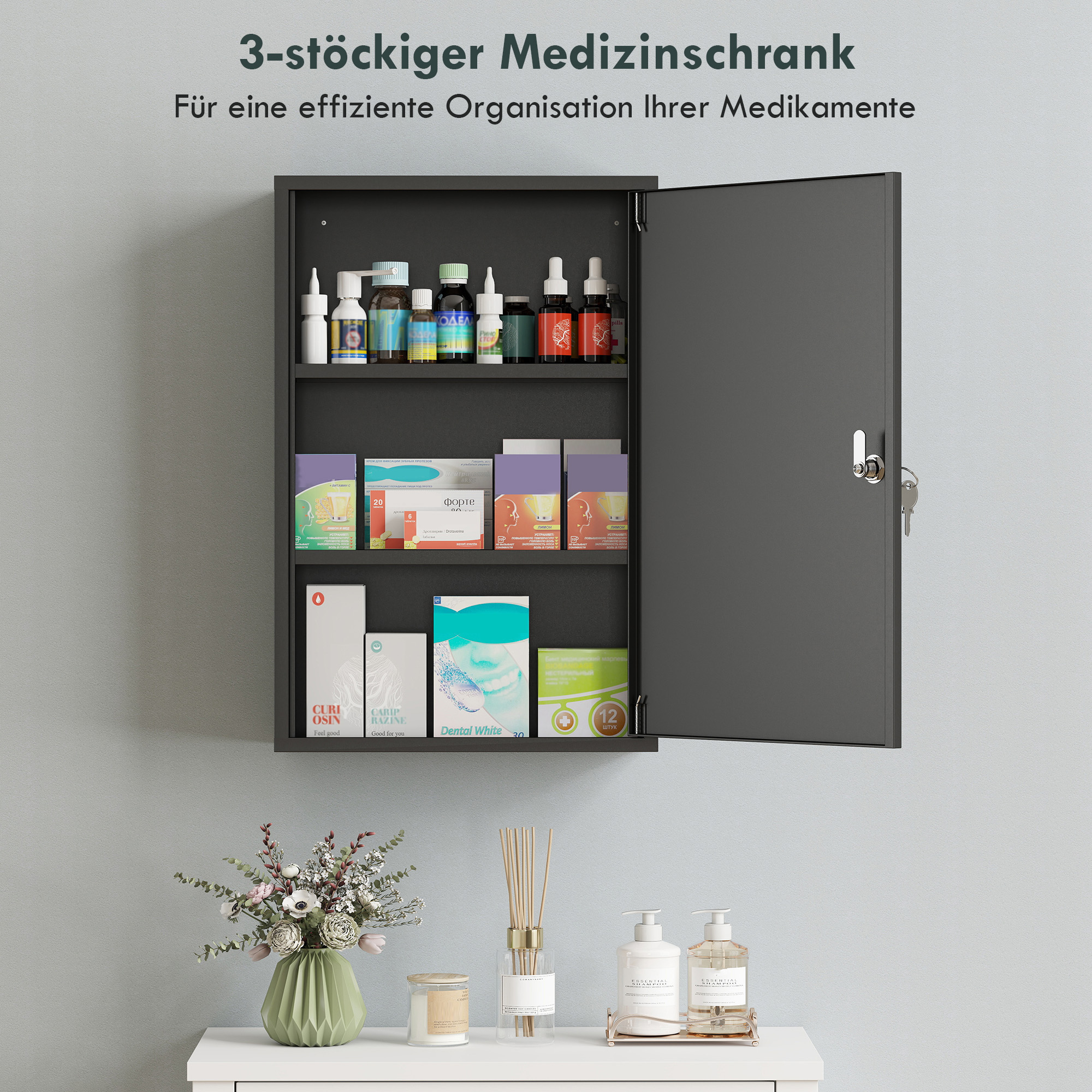 Wand-Medizinschrank, Badezimmerschrank mit 3 Regalböden, 2 Schlüsseln, 40 x 18 x 60 cm, Schwarz