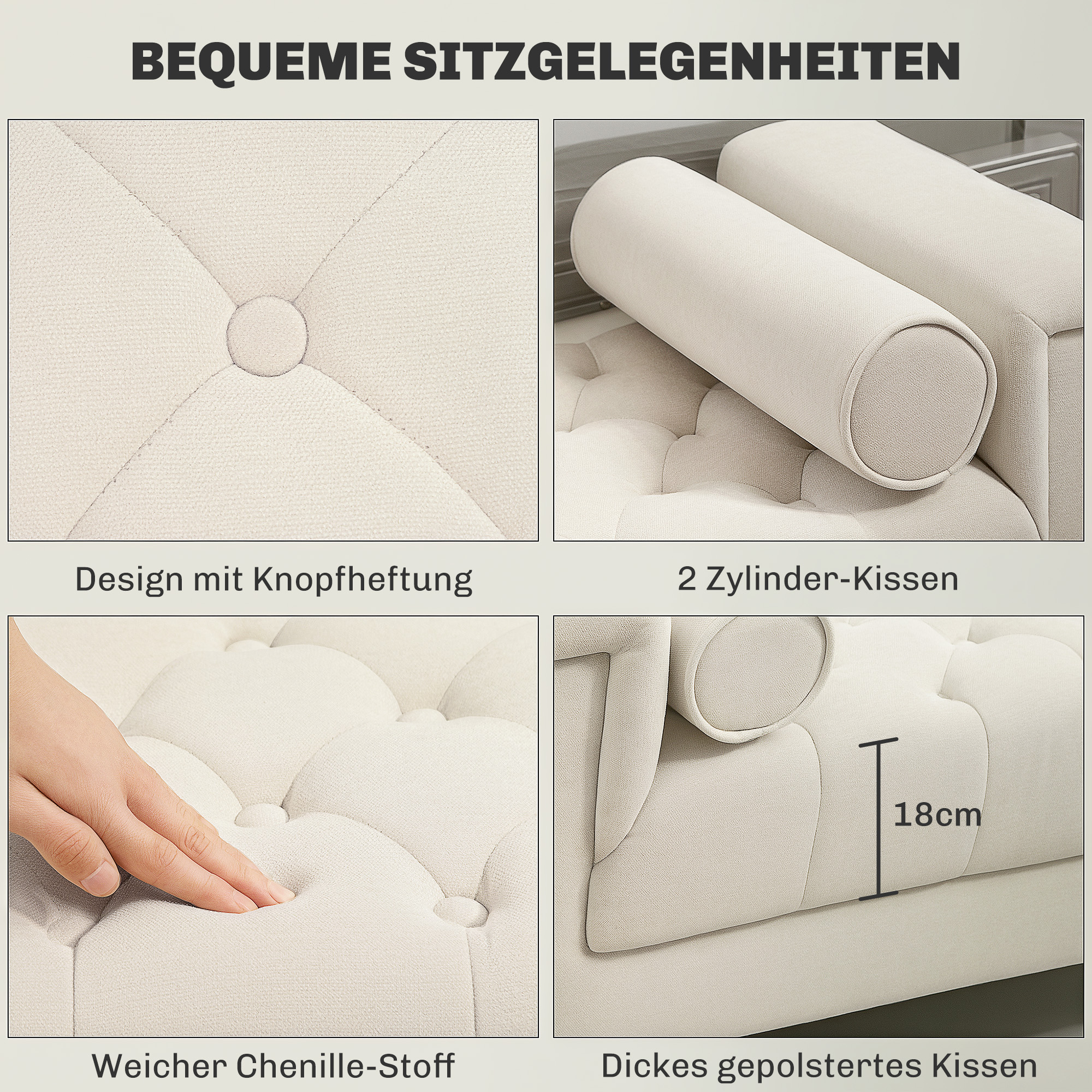 Polsterbank, Vintage-Design, 2 Kissen, Chenillebezug, 115 x 44 x 58 cm, Beige