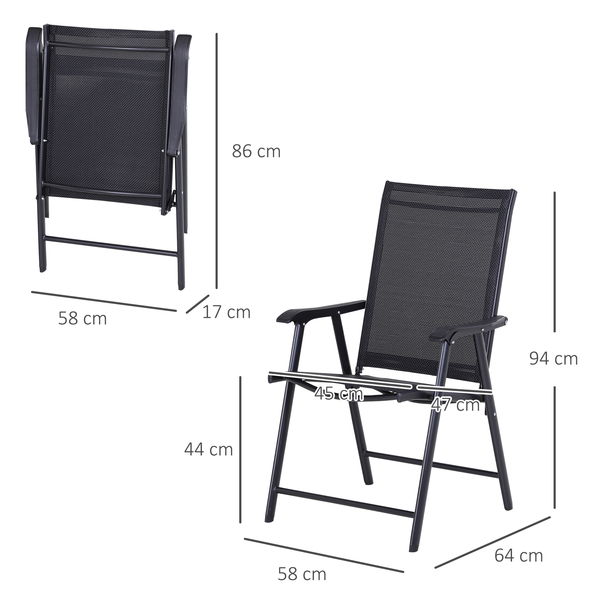 Klappstuhl mit Armlehne 2er Set Campingstuhl Angelstuhl Metall Schwarz 58 x 64 x 94 cm