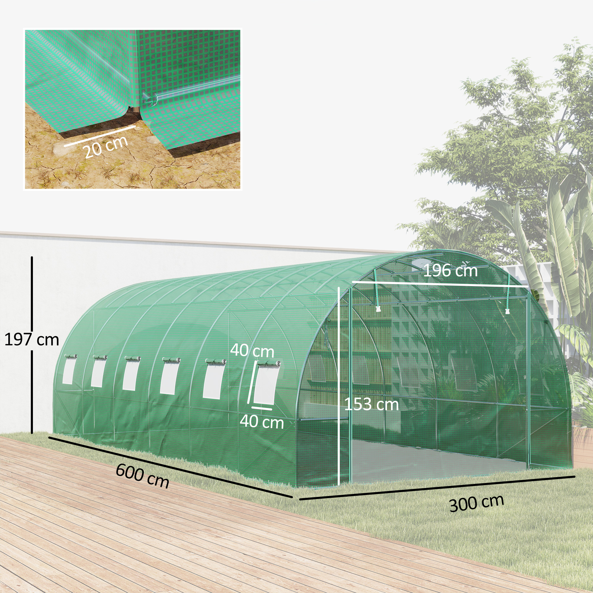 Polytunnel Gewächshaus mit Kunststoff-Abdeckung und Stahlrahmen, begehbares Gewächshauszelt mit Rolltüren, Grün