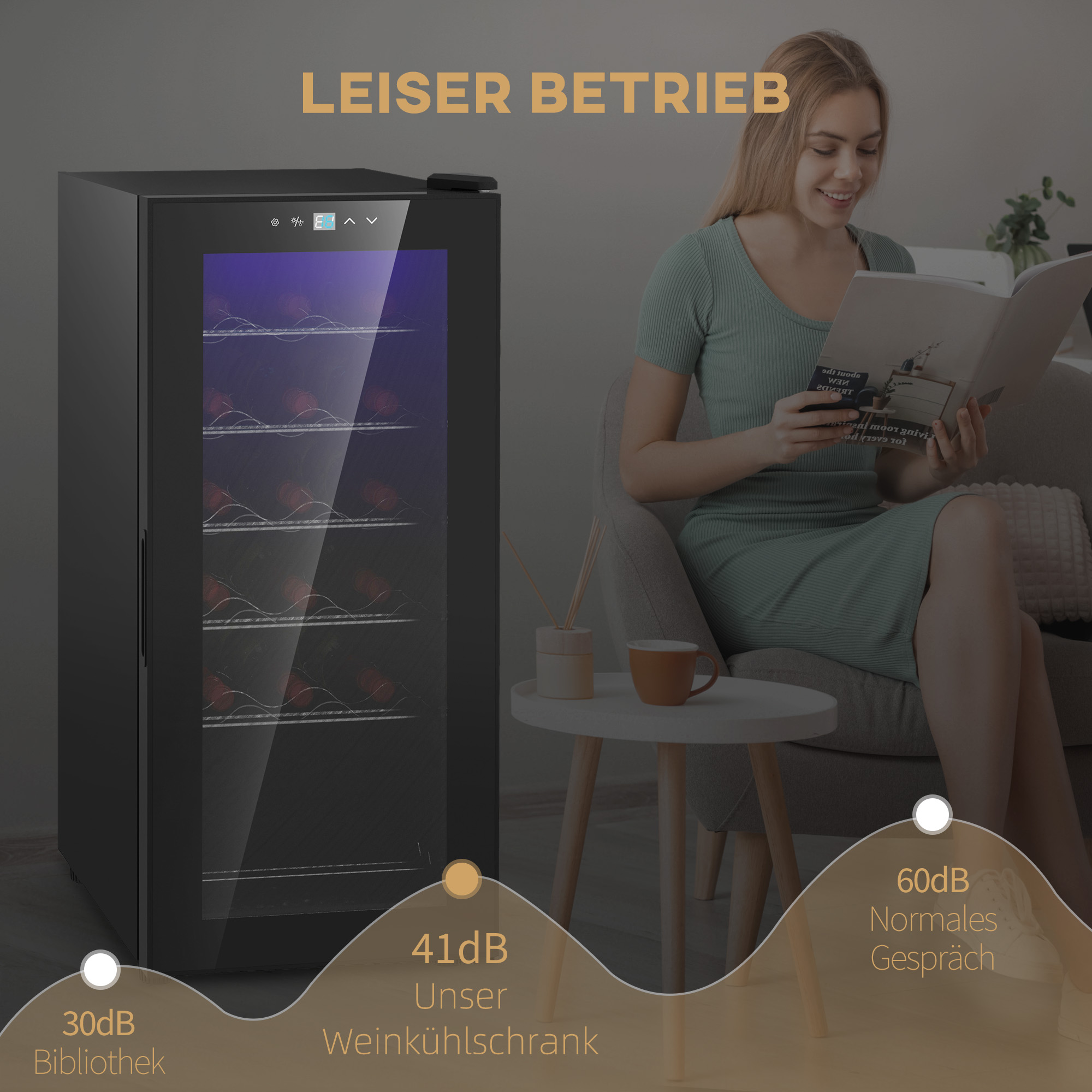 Weinkühlschrank, leise, 5-18°C, Touchscreen, Beleuchtung, 34,5x45x78cm, Schwarz