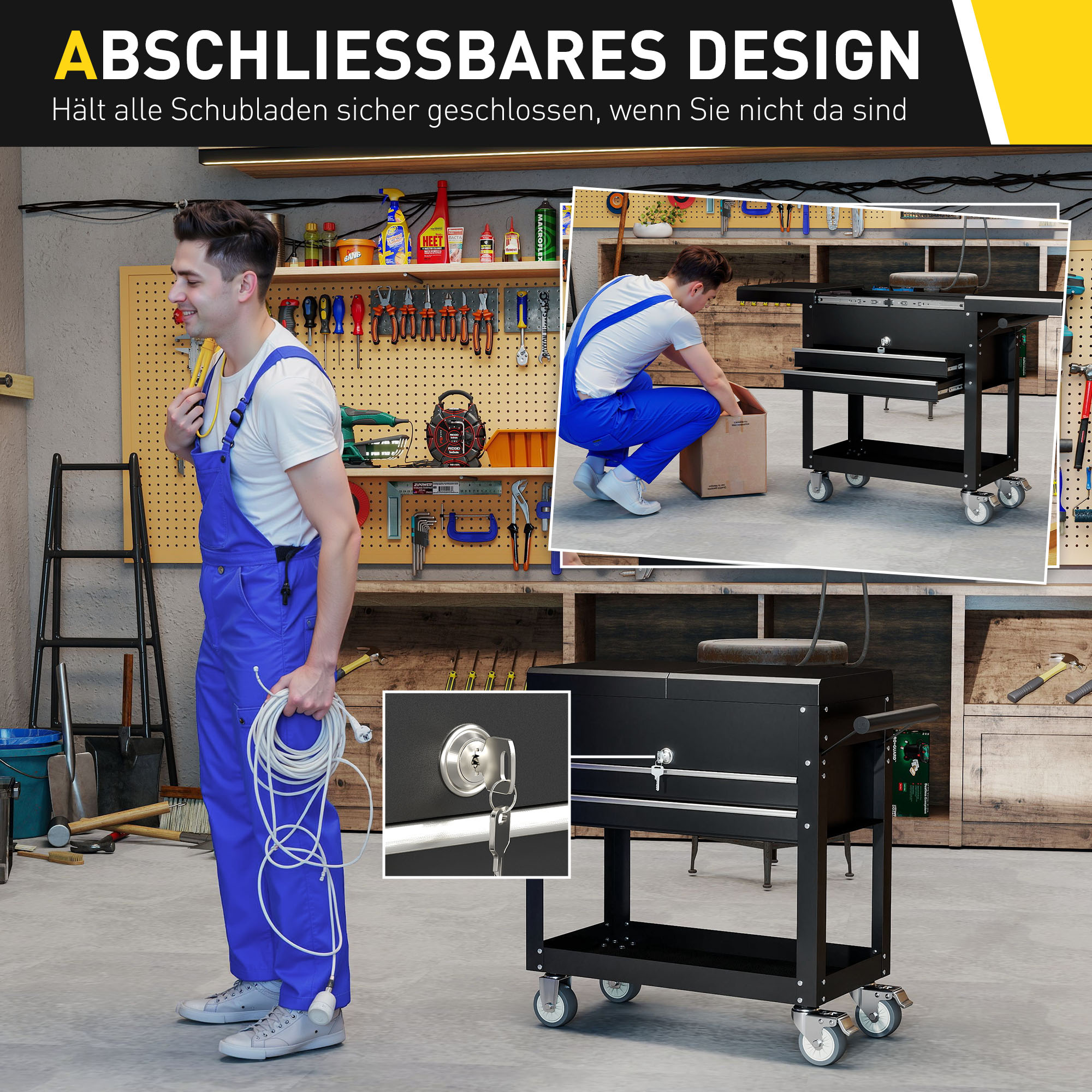 Rollender Werkzeugschrank, Werkzeugkasten mit Schubladen, Arbeitsfläche, verschließbar, mit Griff, Stahl, Schwarz