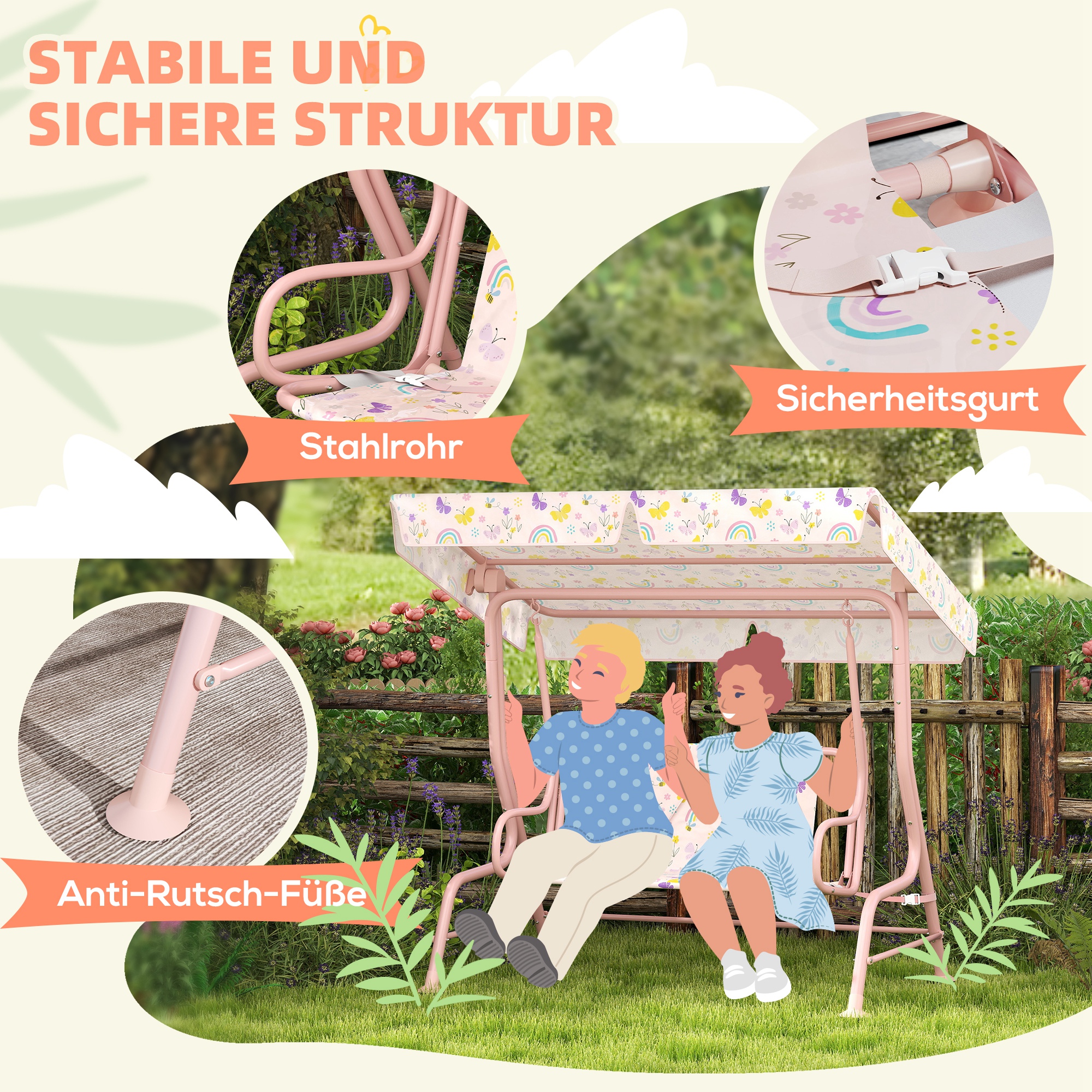 Hollywoodschaukel für Kinder, Stahlrahmen, 2-Sitzer, 60 kg belastbar, Rosa