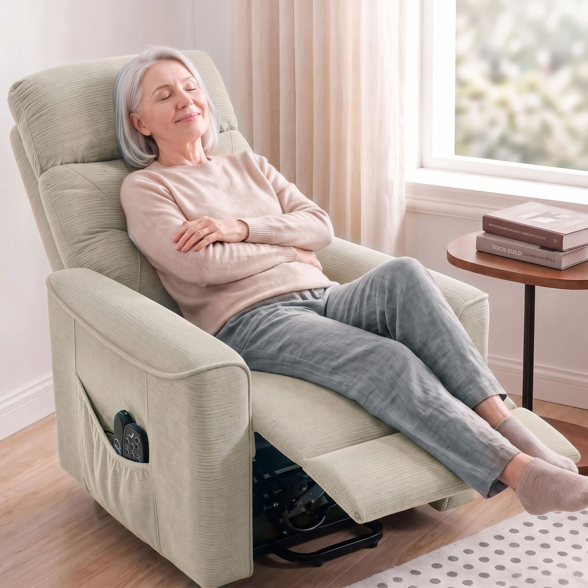 Relaxsessel mit elektrischer Aufstehhilfe, Massage & Wärme, Chenille-Sessel mit Federkern, Greige